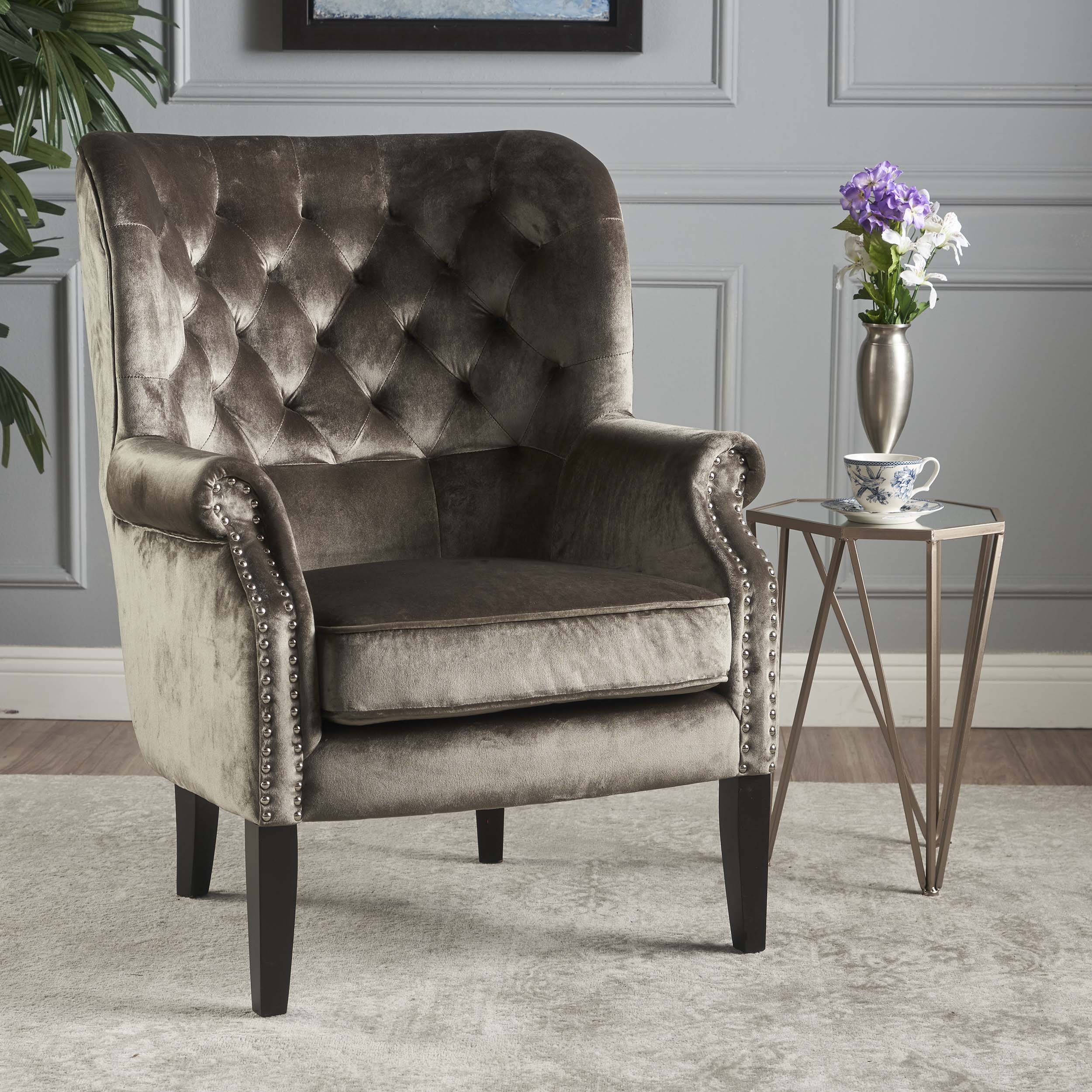 Tomlin Modern Glam Velvet Club Chair with Nailhead Trim - furnishings