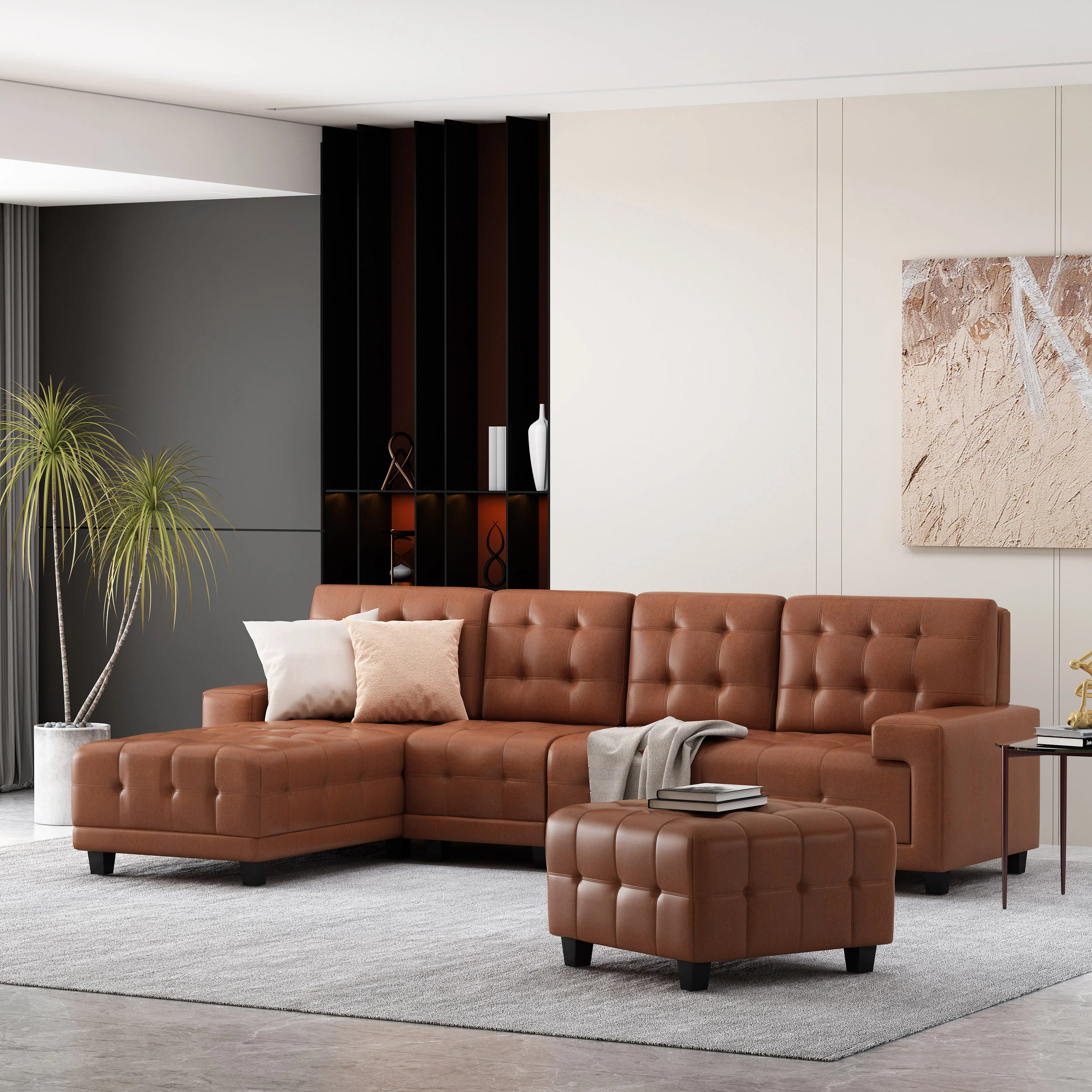 Littell Contemporary Faux Leather Tufted 4 Seater Sofa and Chaise Lounge Sectional Set with Ottoman - furnishings