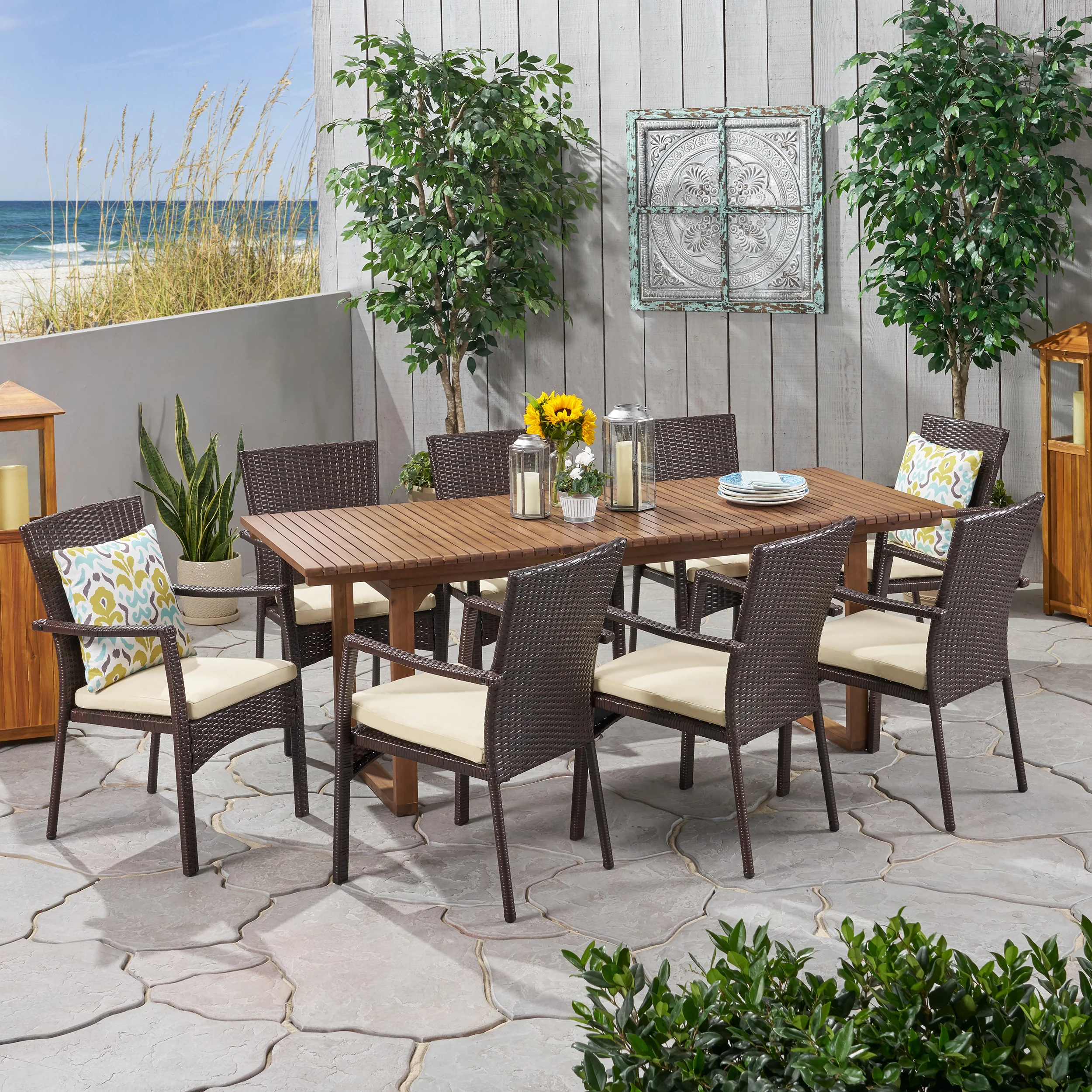 Maise Outdoor 8 Seater Expandable Wood and Wicker Dining Set - furnishings