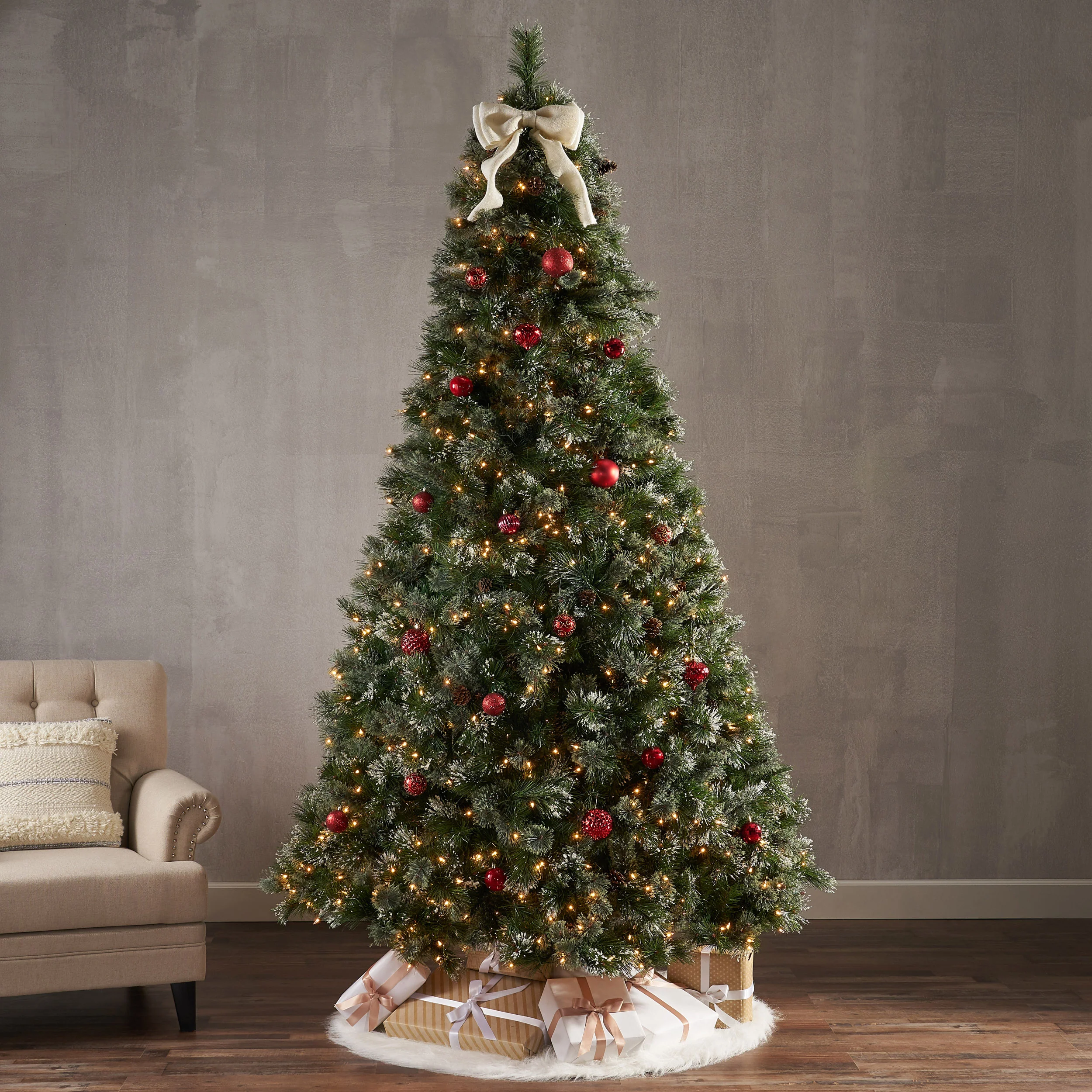 9-foot Cashmere Pine and Mixed Needles Hinged Artificial Christmas Tree with Snowy Branches and Pinecones - furnishings