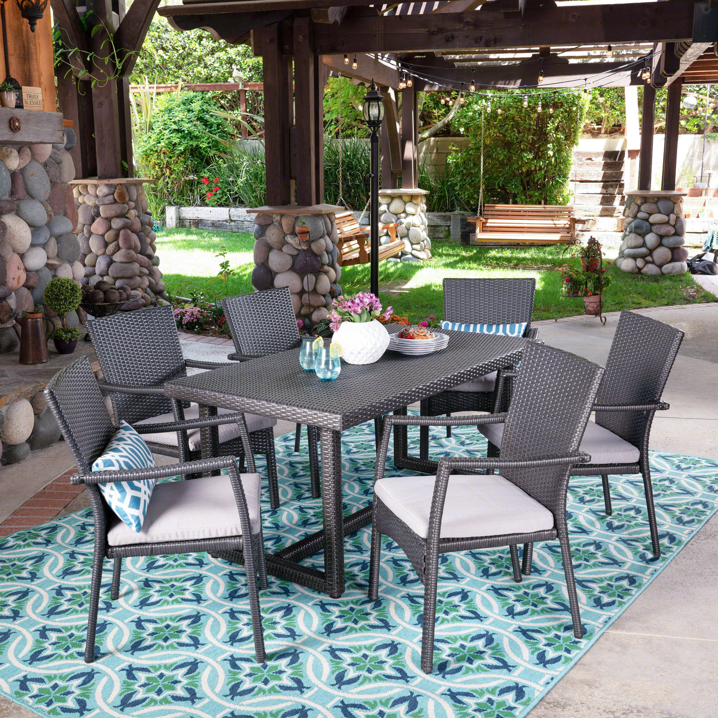 Lena Outdoor 7 Piece Wicker Dining Set, Grey with Grey Cushions - furnishings