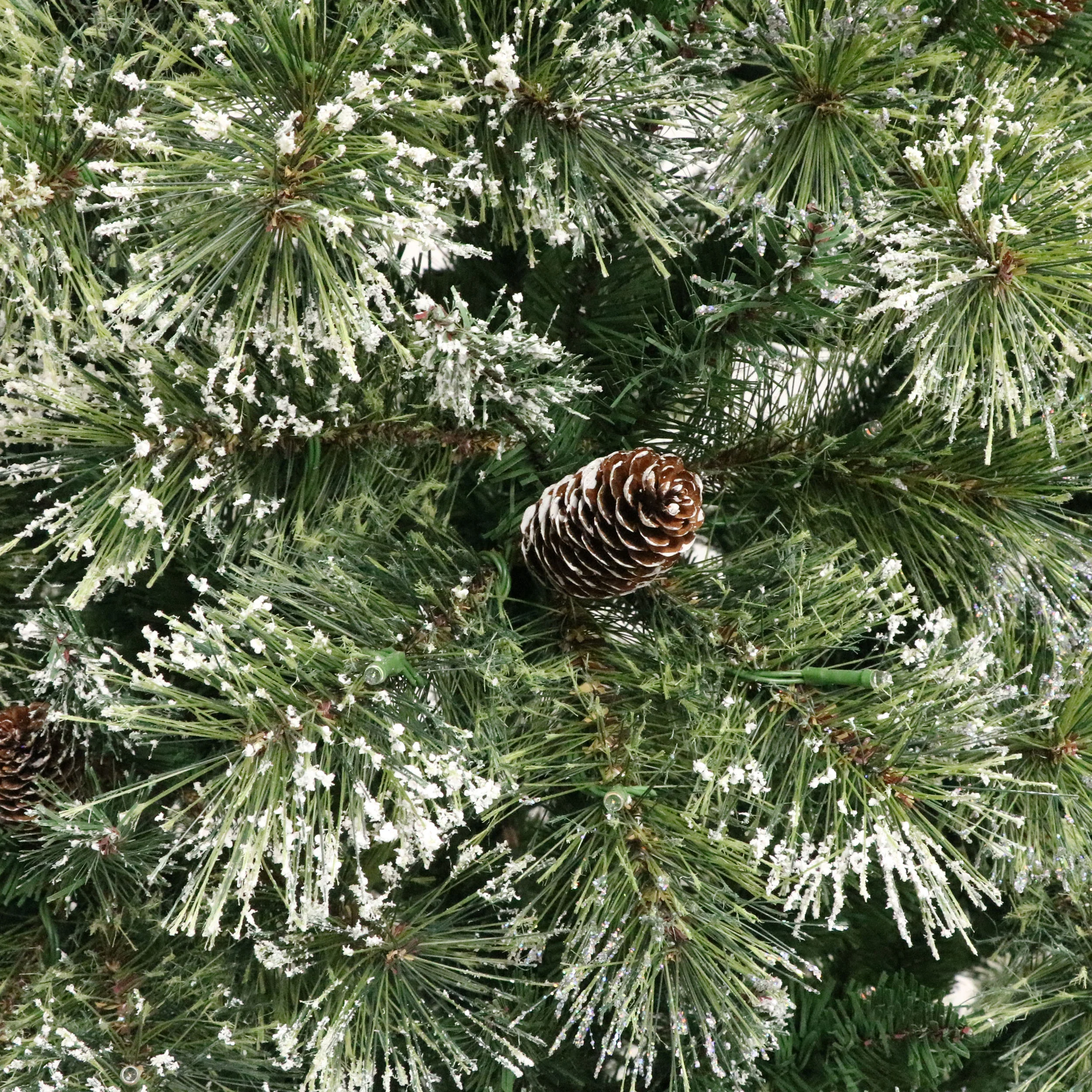 7.5-foot Cashmere Pine and Mixed Needles Pre-Lit Clear LED Hinged Artificial Christmas Tree with Snow and Glitter Branches and Frosted Pinecones - furnishings