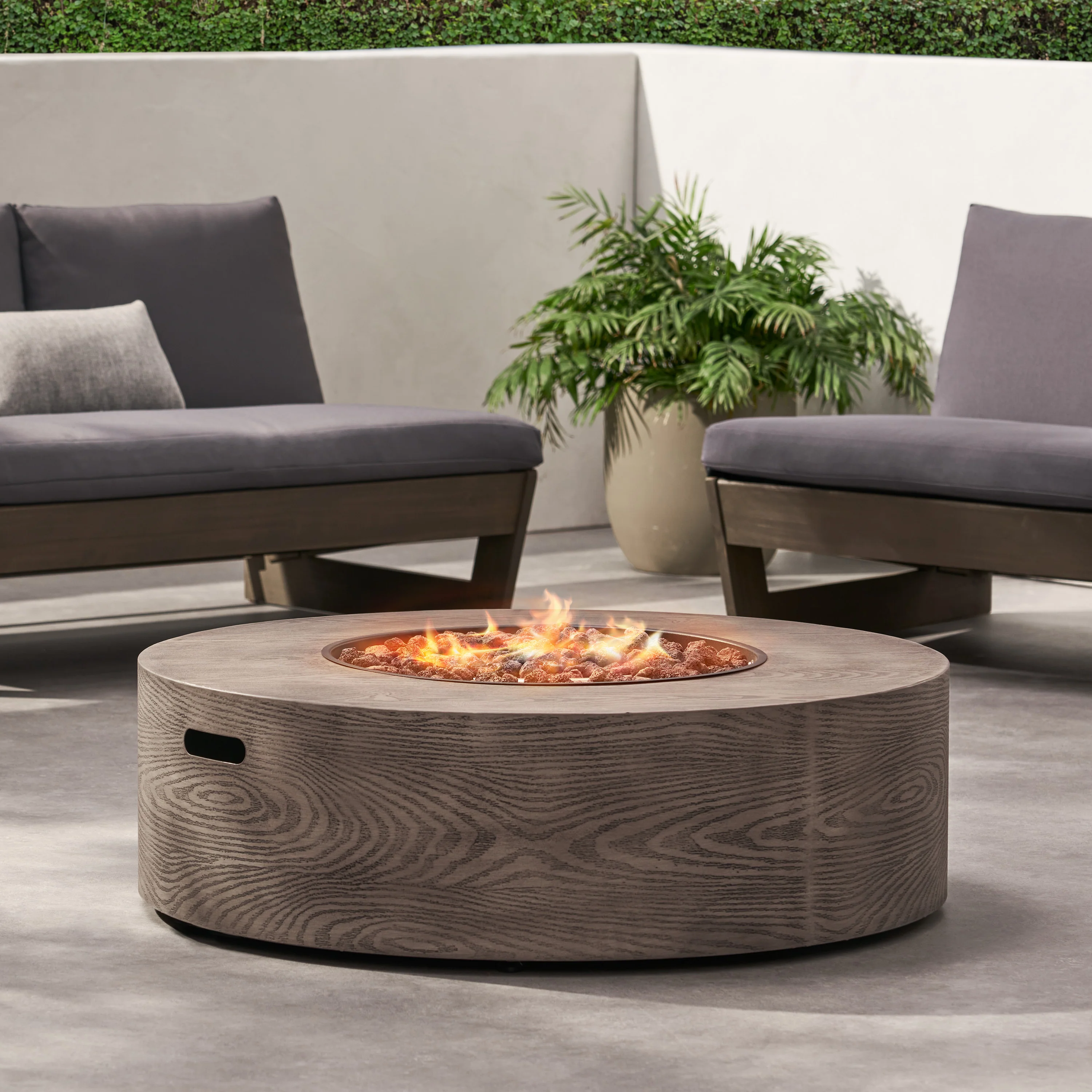 Bremen Outdoor 50,000 BTU Lightweight Concrete Circular Fire Pit (No Tank Holder), Brown Wood Pattern - furnishings