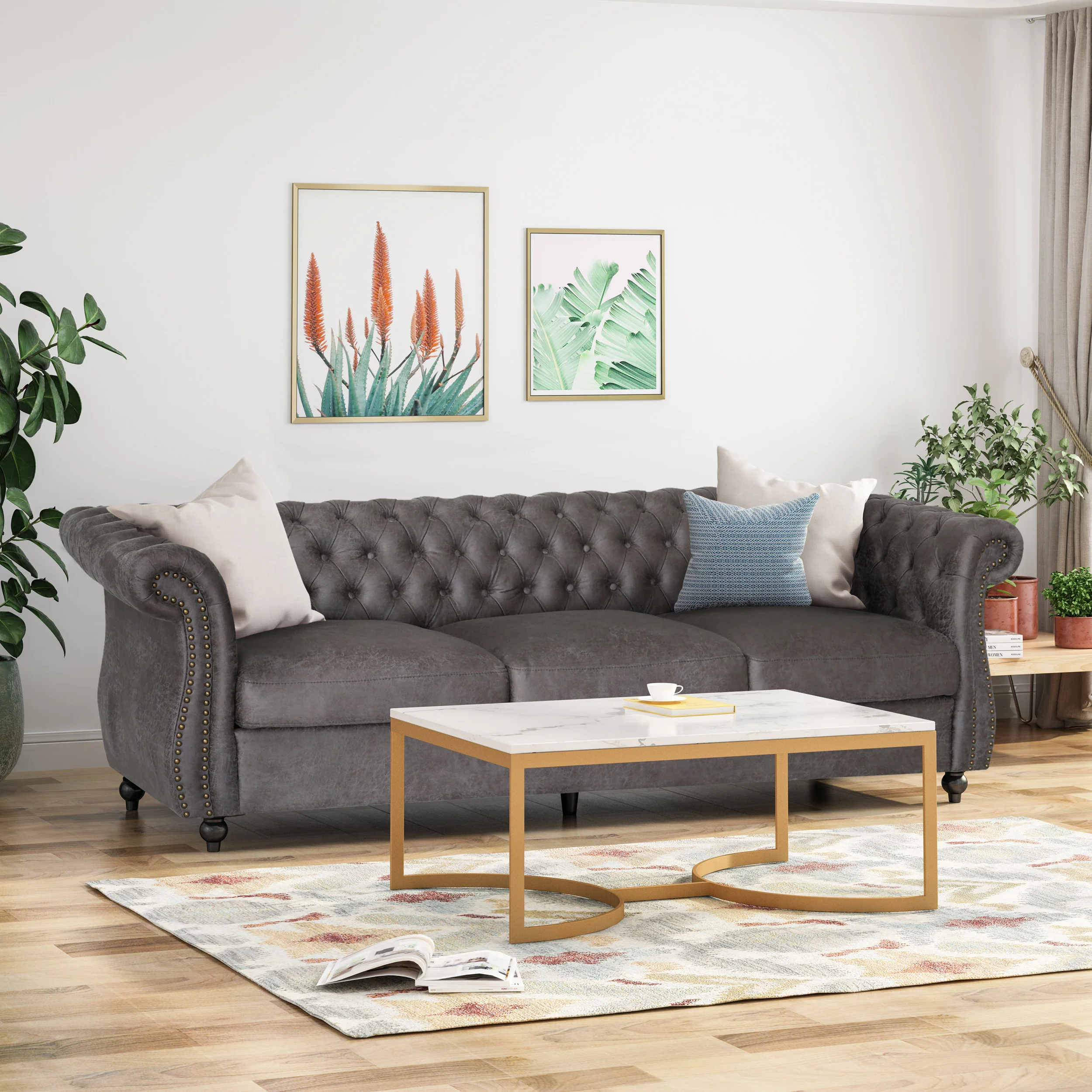 Vita Chesterfield Tufted Microfiber Sofa with Scroll Arms - furnishings