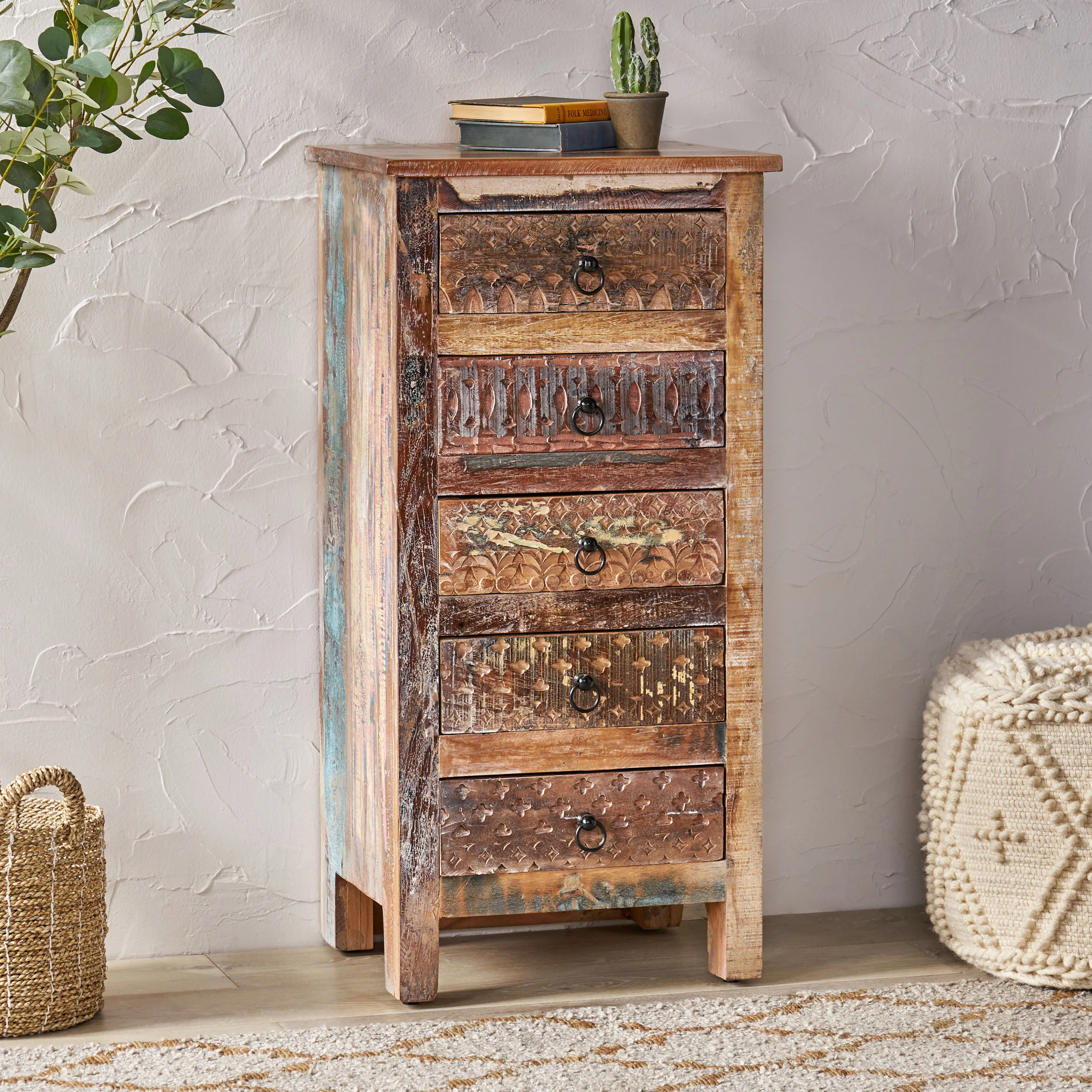 Willards Boho Handmade Reclaimed Wood 5 Drawer Chest, Multicolored and Natural - furnishings