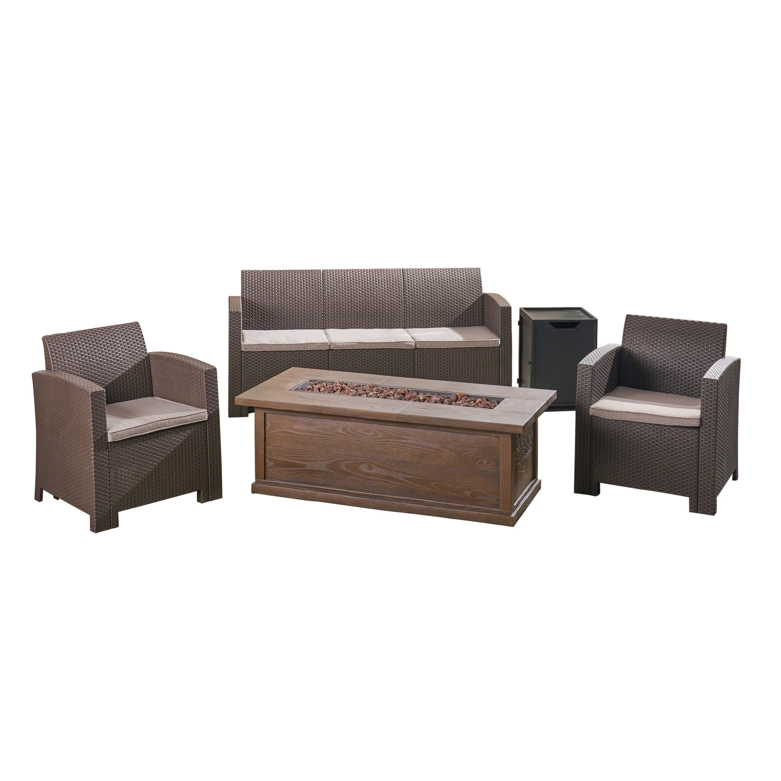 Ian Outdoor 5-Seater Wicker Print Chat Set with Fire Pit and Tank Holder - furnishings
