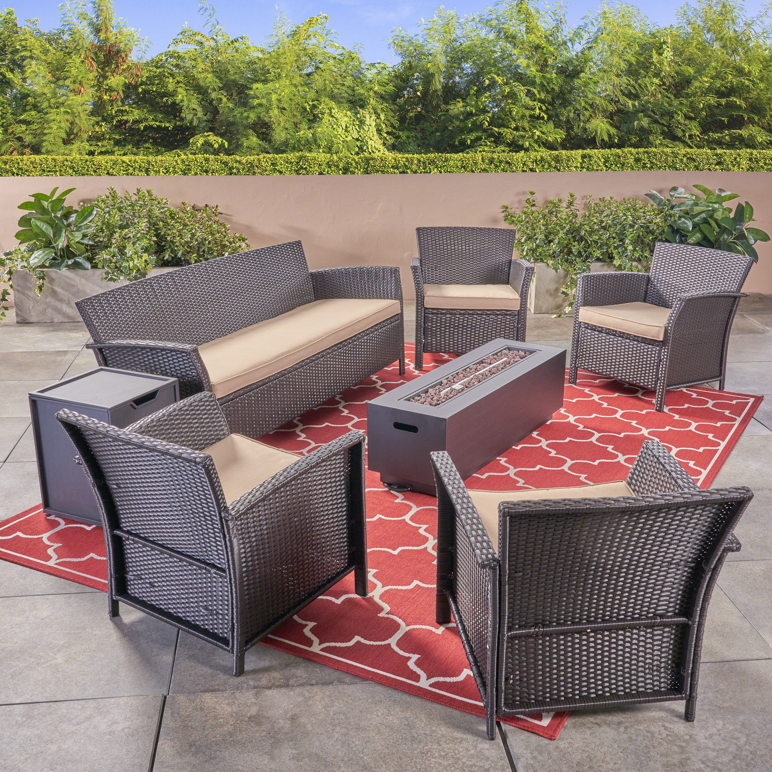 Mason Outdoor 4-Seater Wicker Chat Set with Fire Pit - furnishings