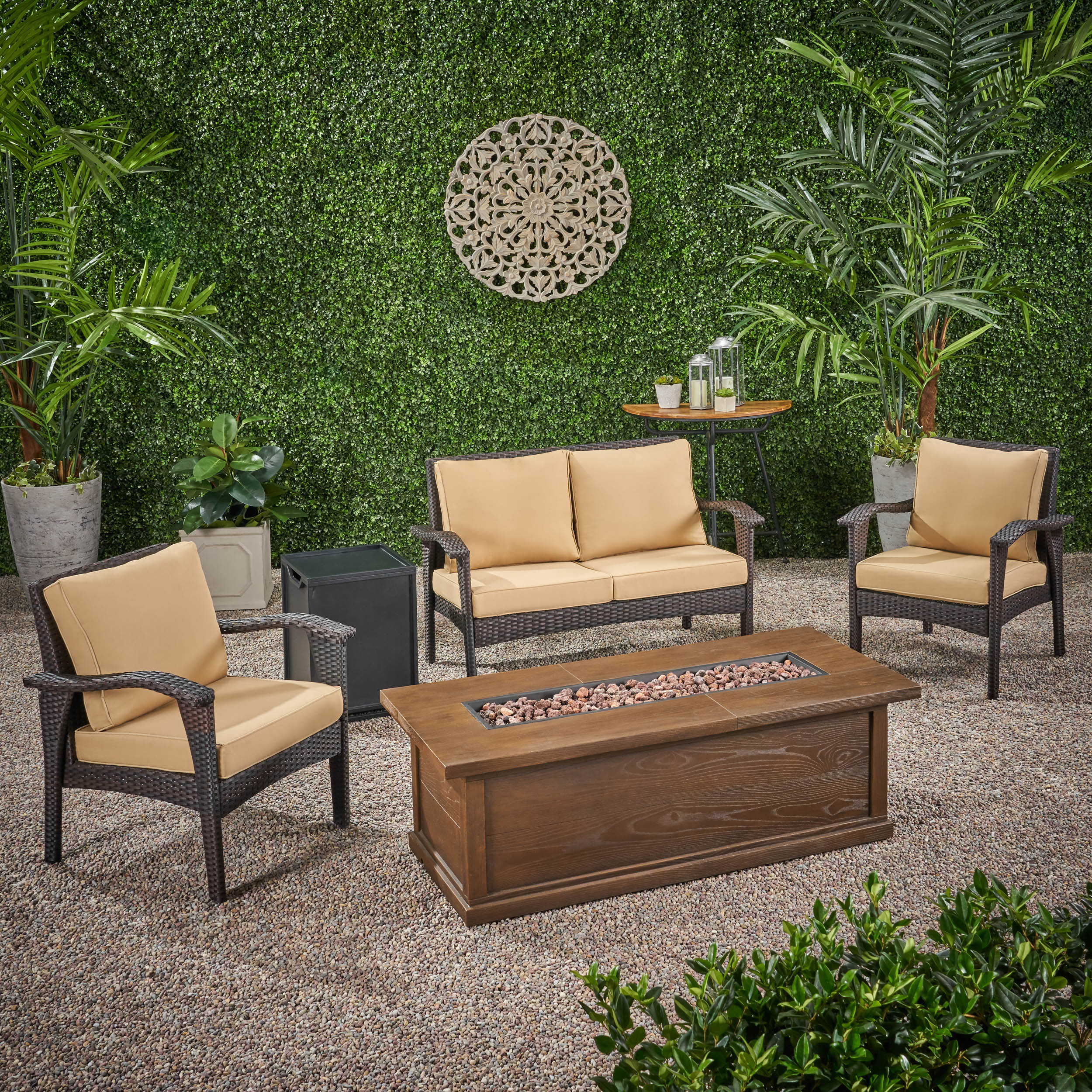 Voyage Outdoor 4 Seater Wicker Chat Set with Fire Pit - furnishings