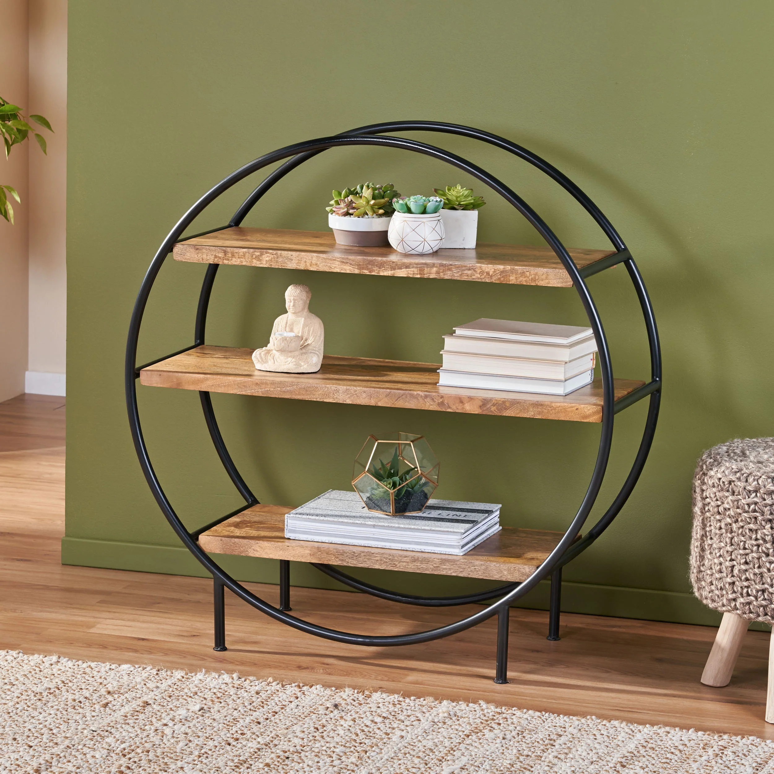 Ayres Handcrafted Industrial Circular Mango Wood Shelf - furnishings