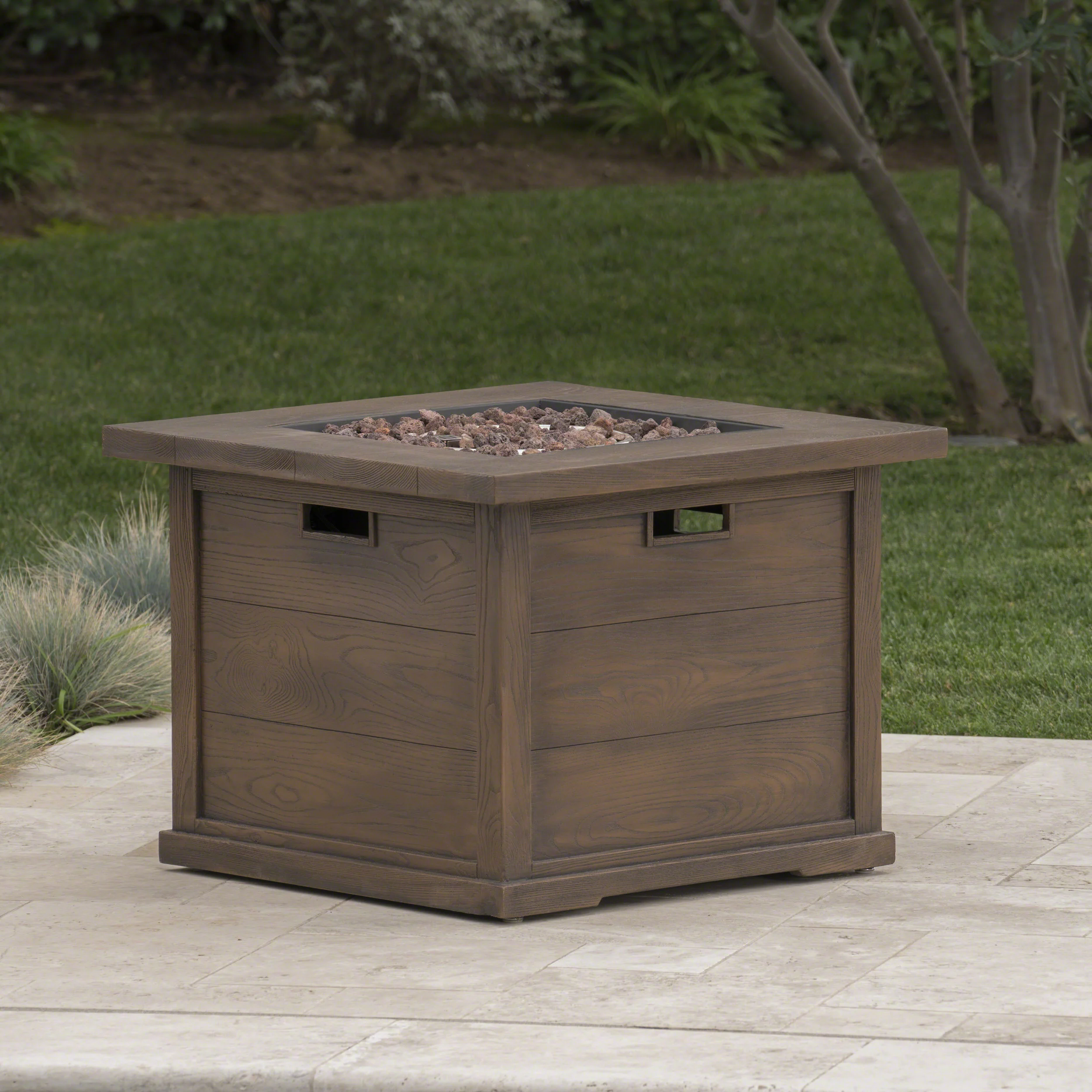 Ellesmere Outdoor Wood Patterned Square Gas Fire Pit - furnishings