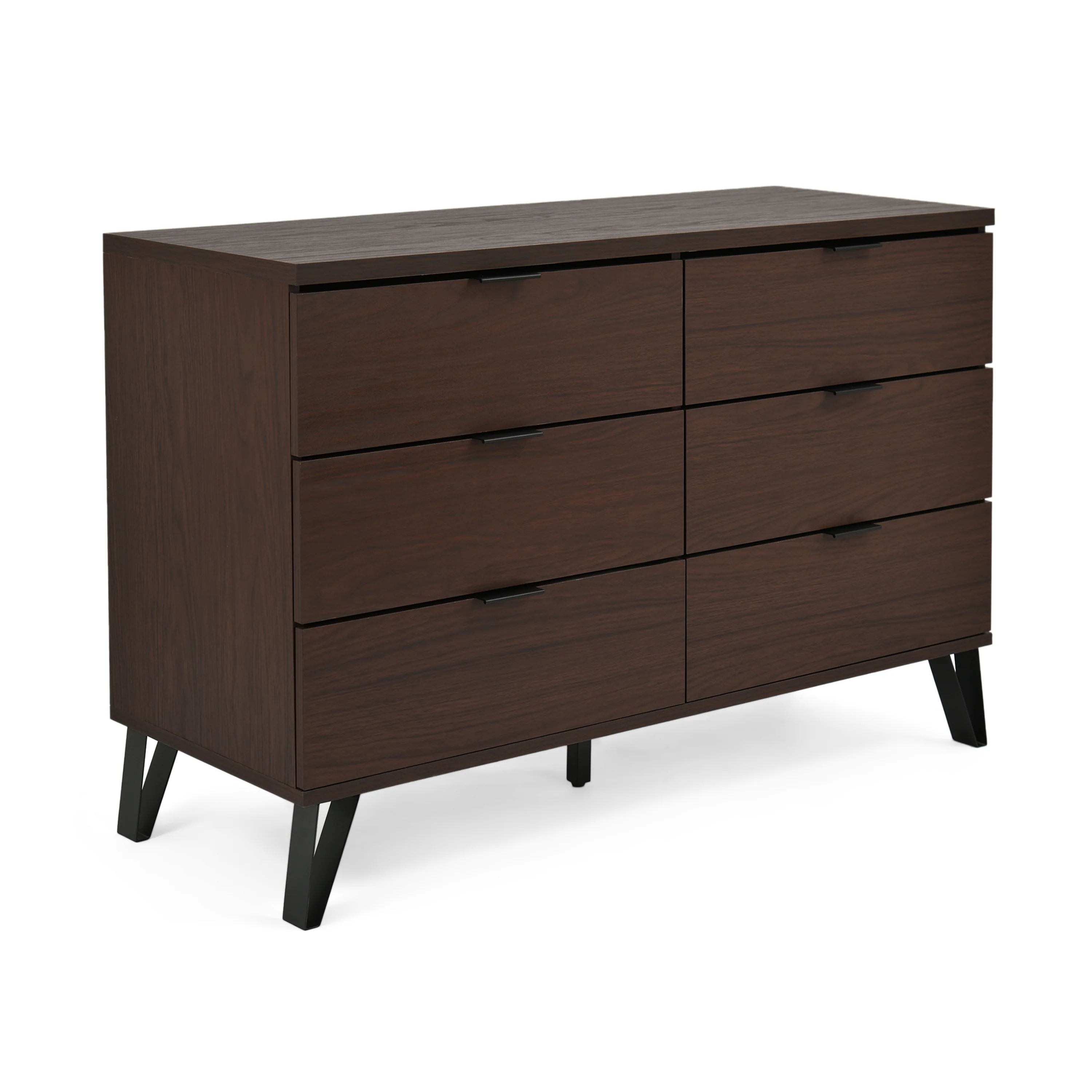 Demijen Modern Industrial 6 Drawer Double Dresser, Walnut and Matte Black - furnishings