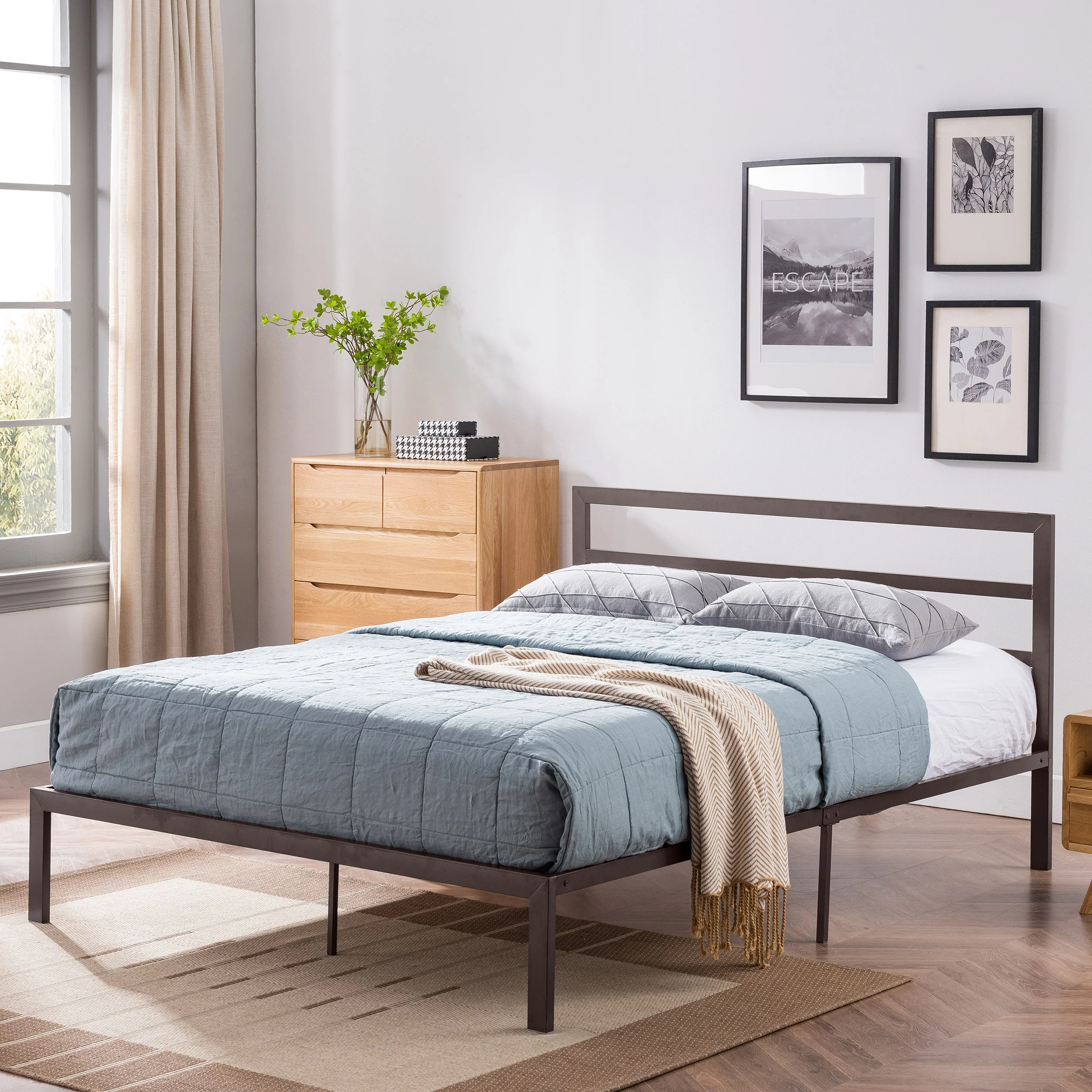 Jones Minimalistic Modern Slat Iron Queen-Size Bed Frame - furnishings