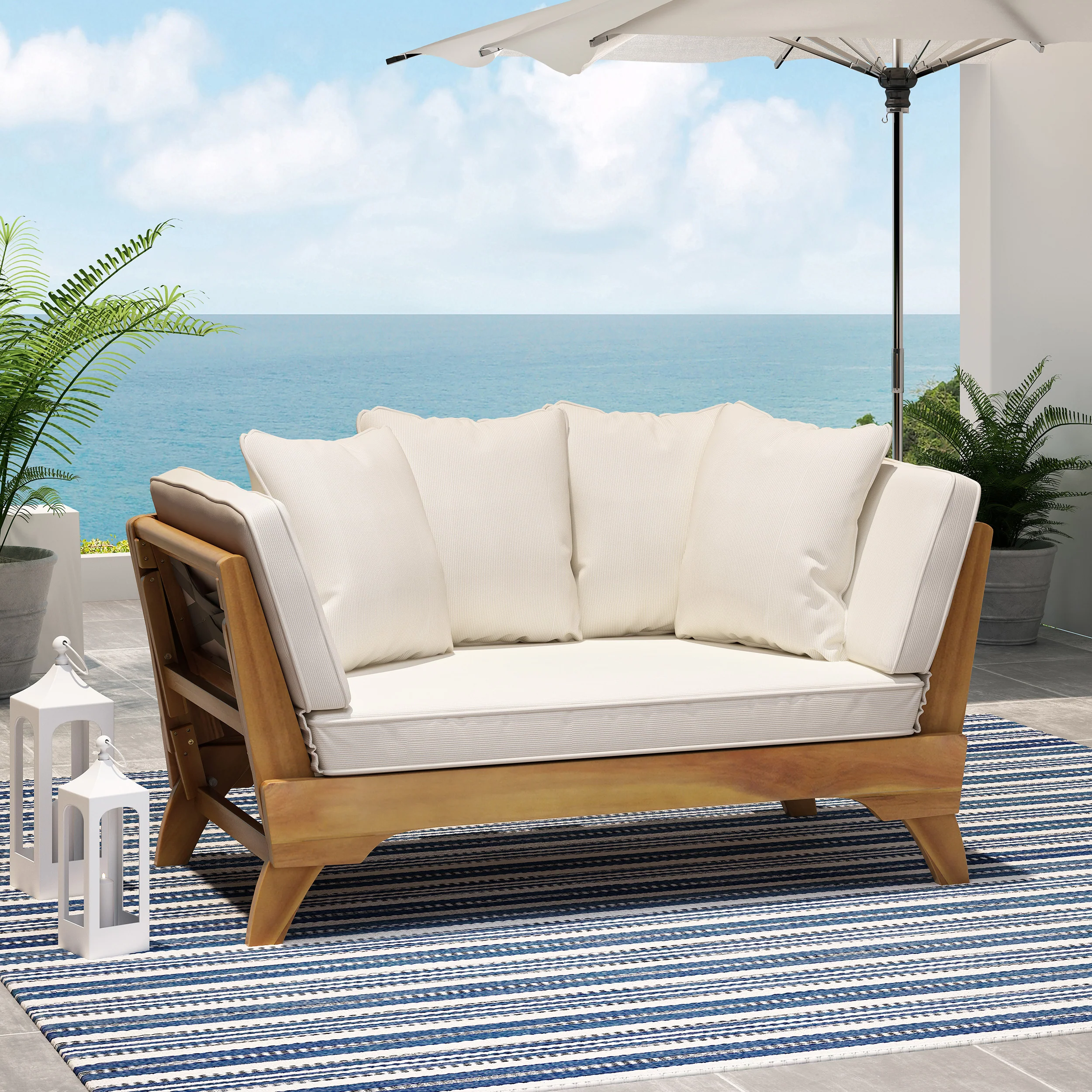 Oceanna Outdoor Acacia Wood and Rope Expandable Daybed with Cushions - furnishings