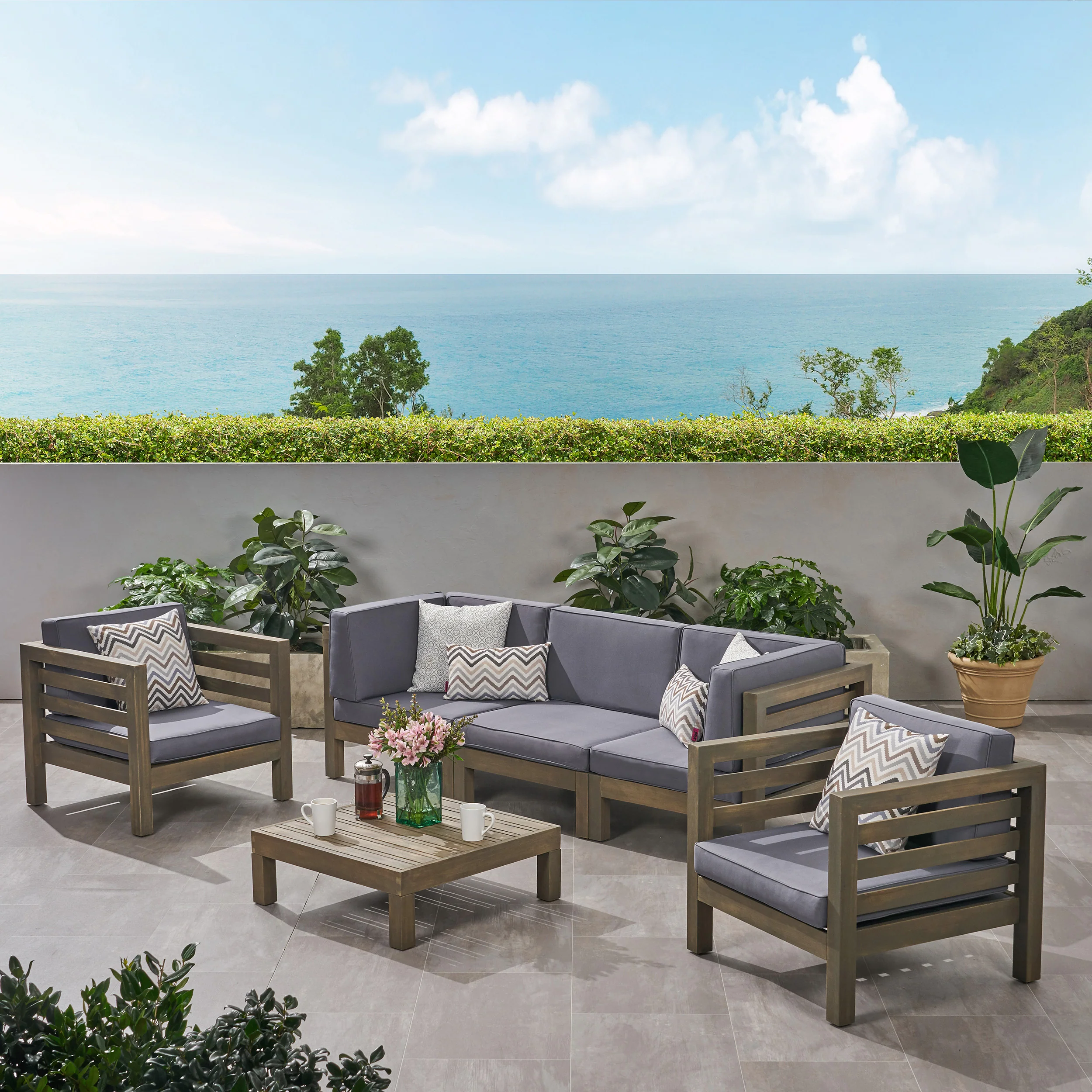 Emma Outdoor 5 Seater Acacia Wood Sofa Chat Set - furnishings