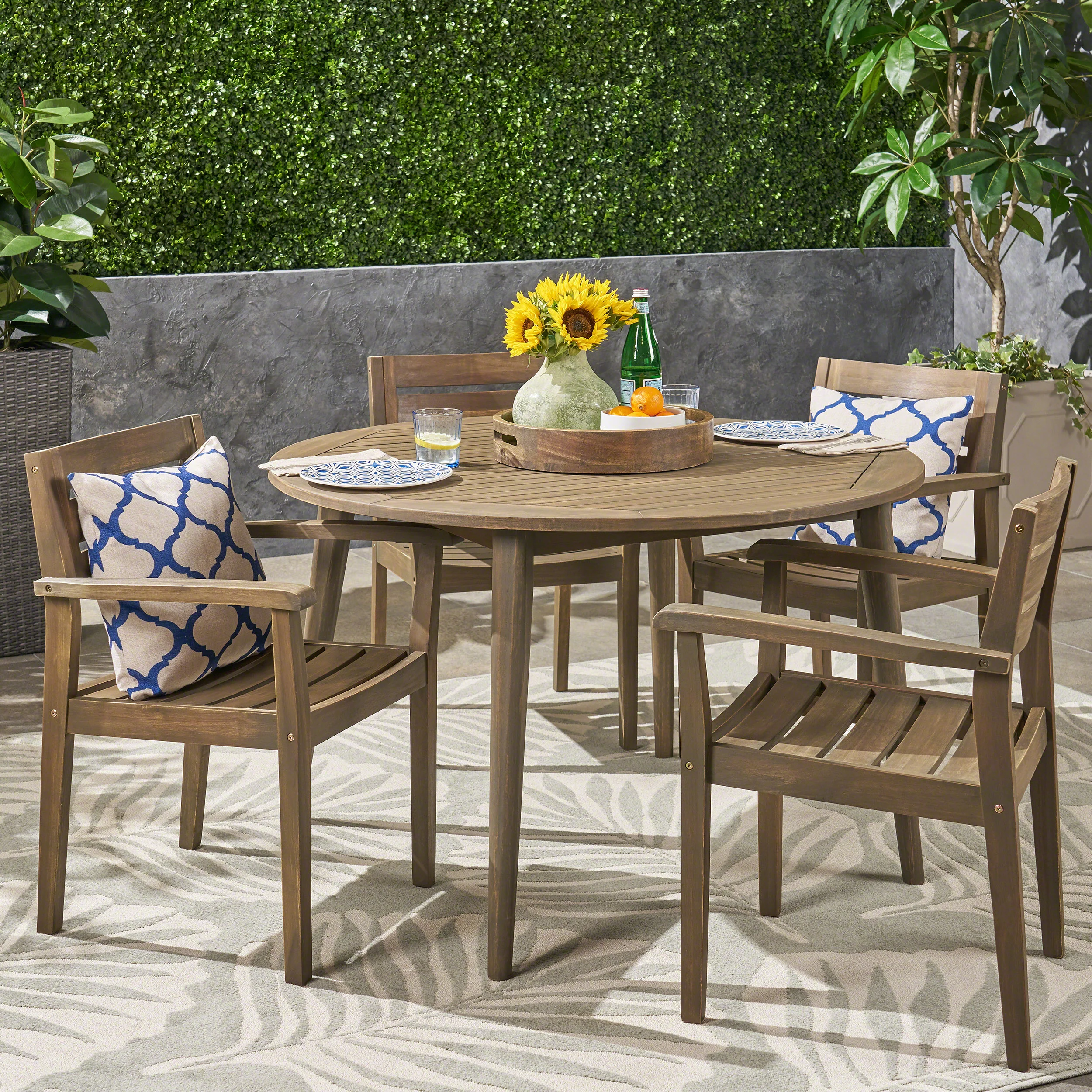 Zack Outdoor 5 Piece Acacia Wood Dining Set with Straight Legged Dining Table, Gray Finish - furnishings