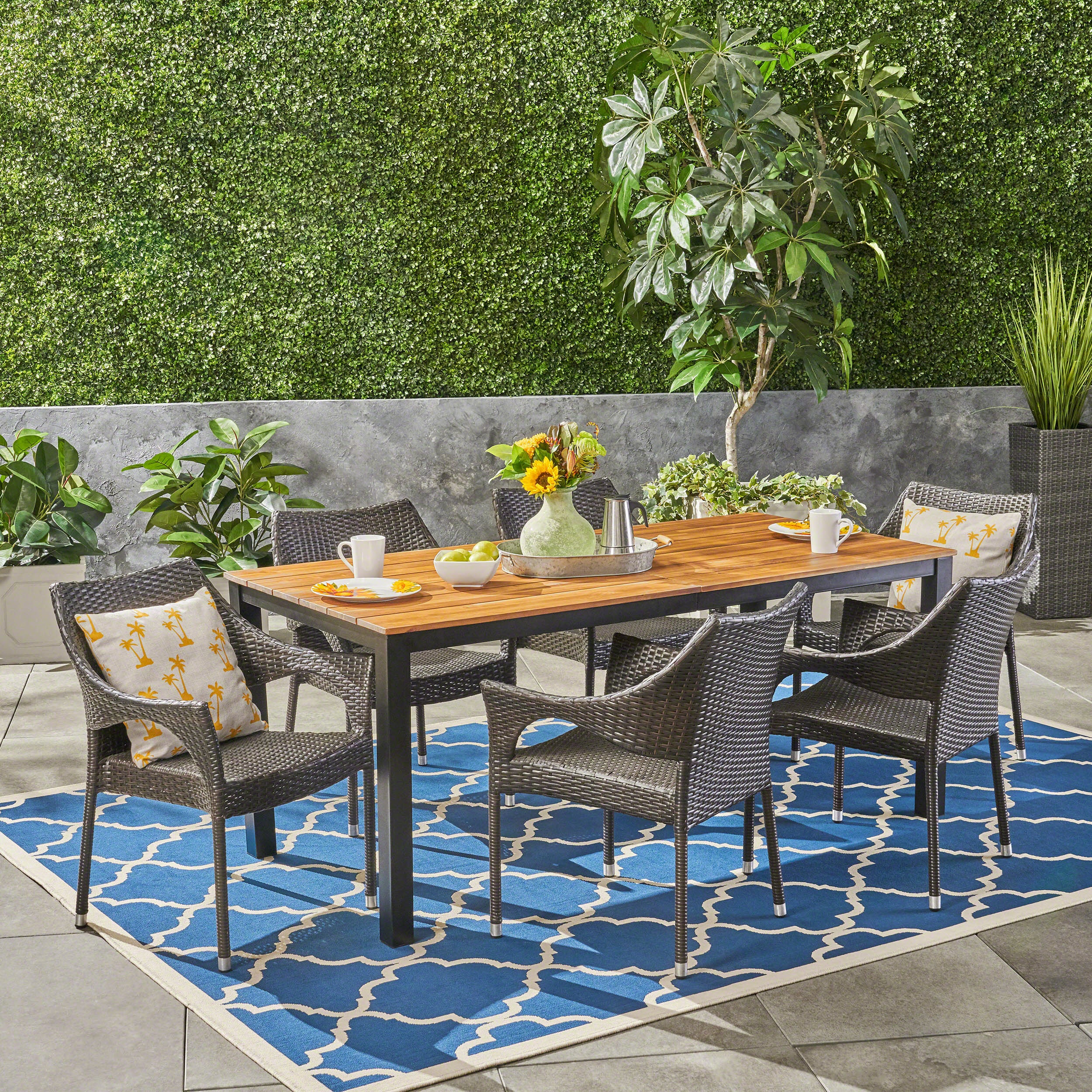 Amberlynn Outdoor 7 Piece Acacia Wood Dining Set with Stacking Wicker Chairs, Teak and Multi Brown - furnishings