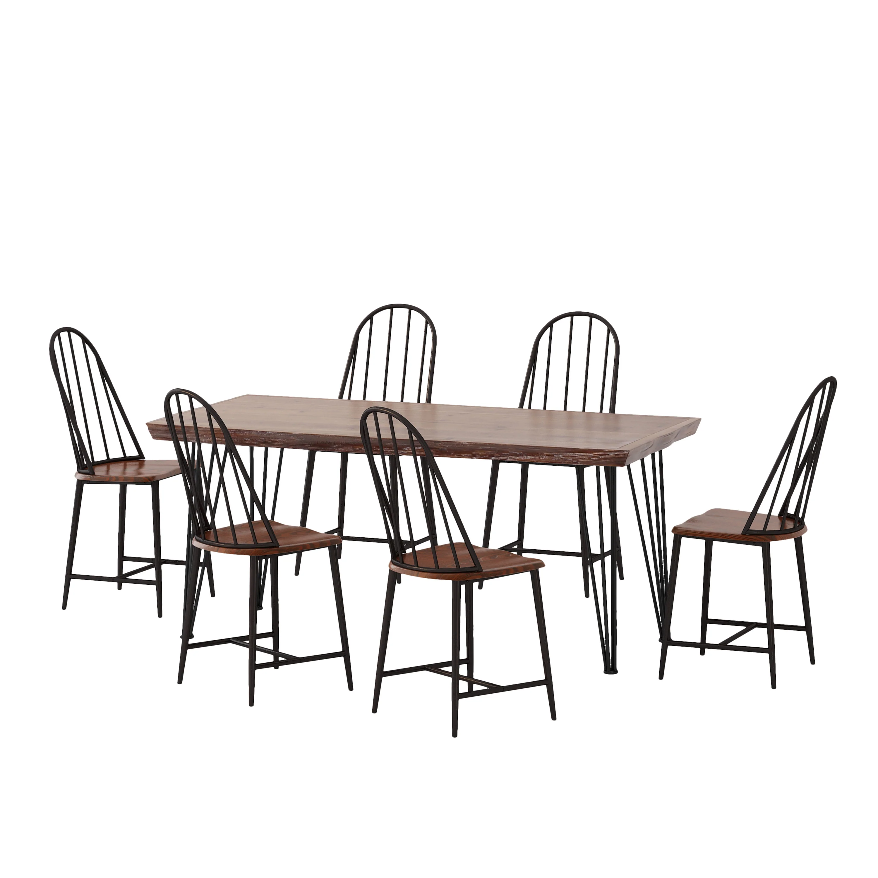 Kaia Faux Wood 7 Piece Dining Set, Dark Brown, Black - furnishings