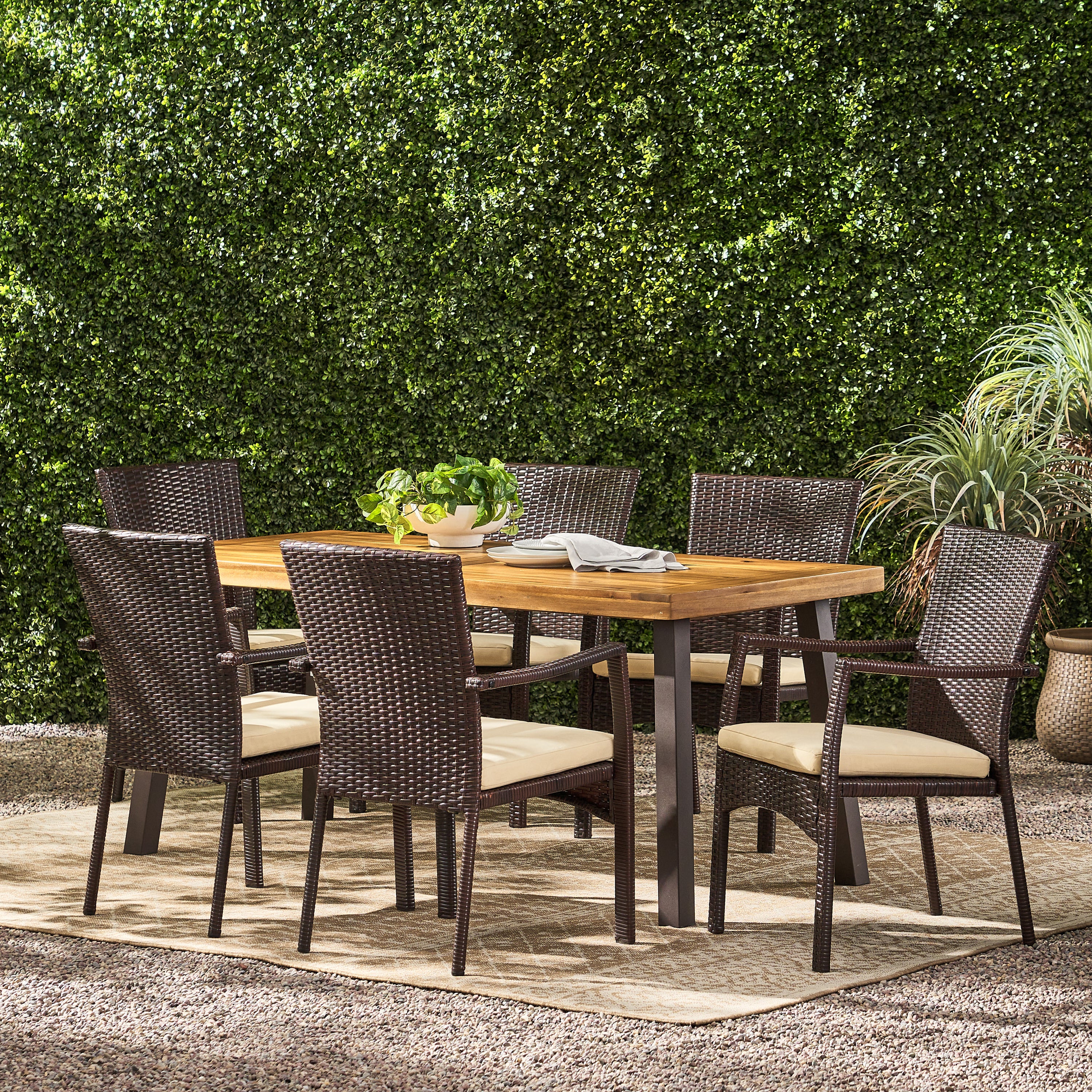 Castlelake 7 Piece Outdoor Dining Set (Wood Table w/ Wicker Chairs) - furnishings