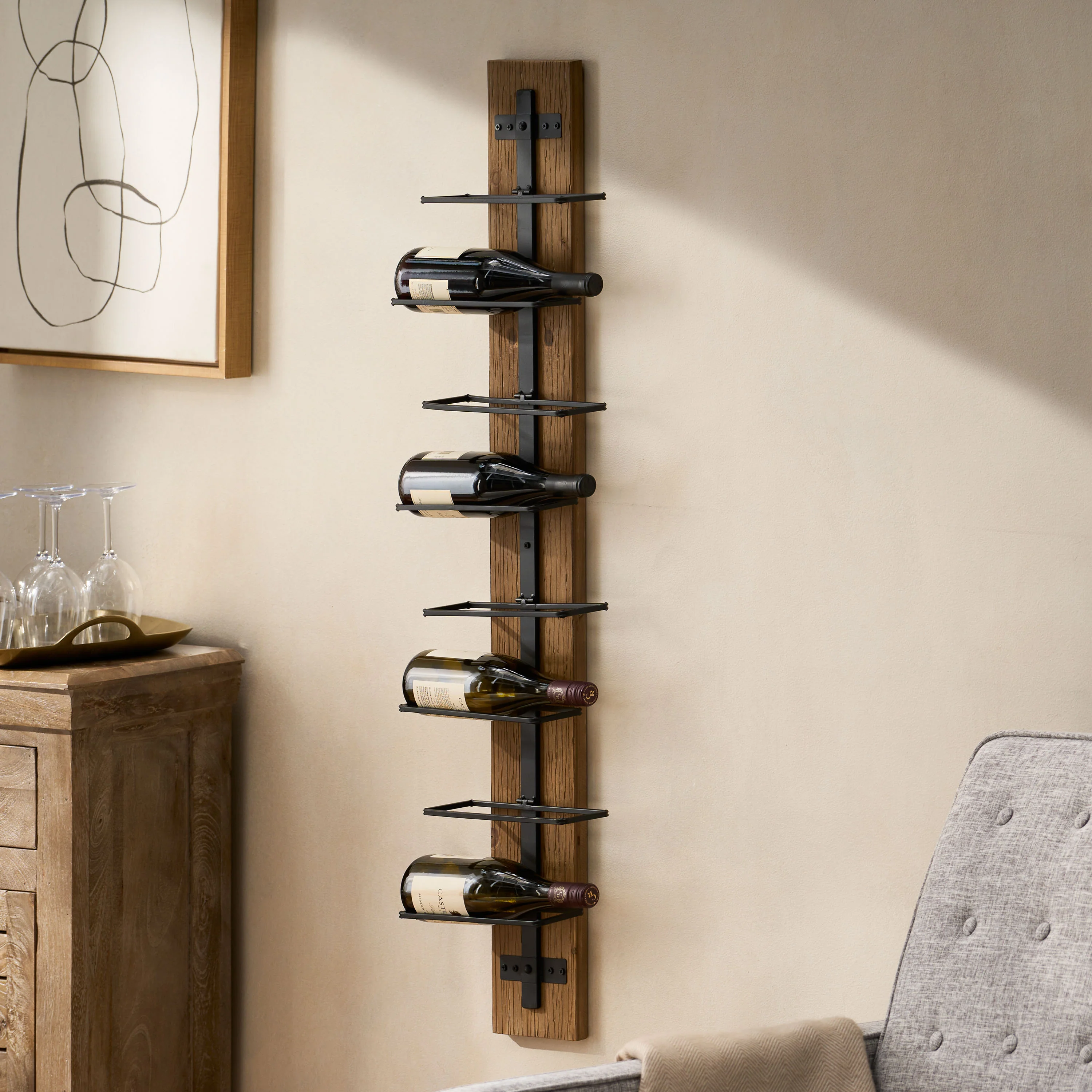 Boster Modern Industrial 8 Bottle Wall Mounted Wine Rack, Natural and Black - furnishings