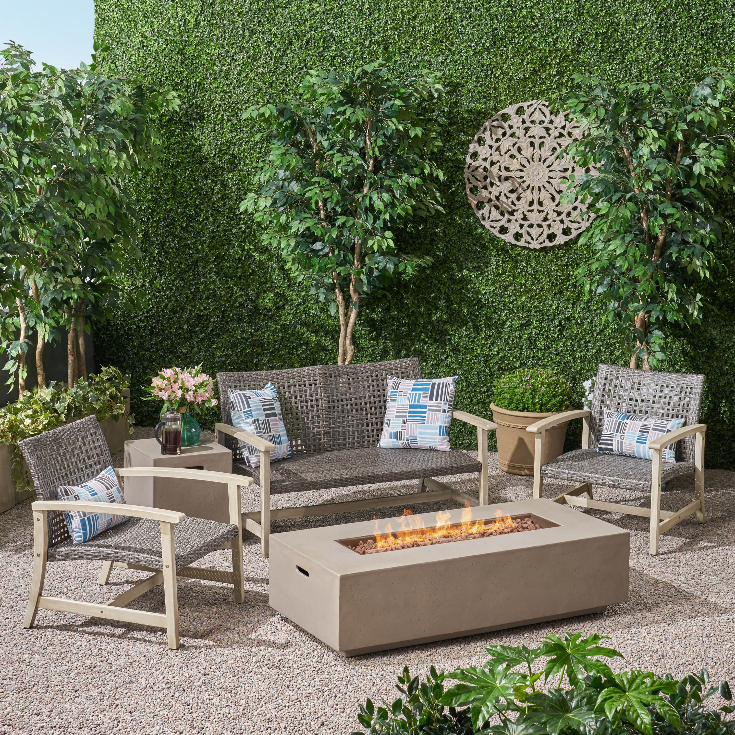 Alliso Outdoor 5 Piece Wood and Wicker Chat Set with Fire Pit - furnishings