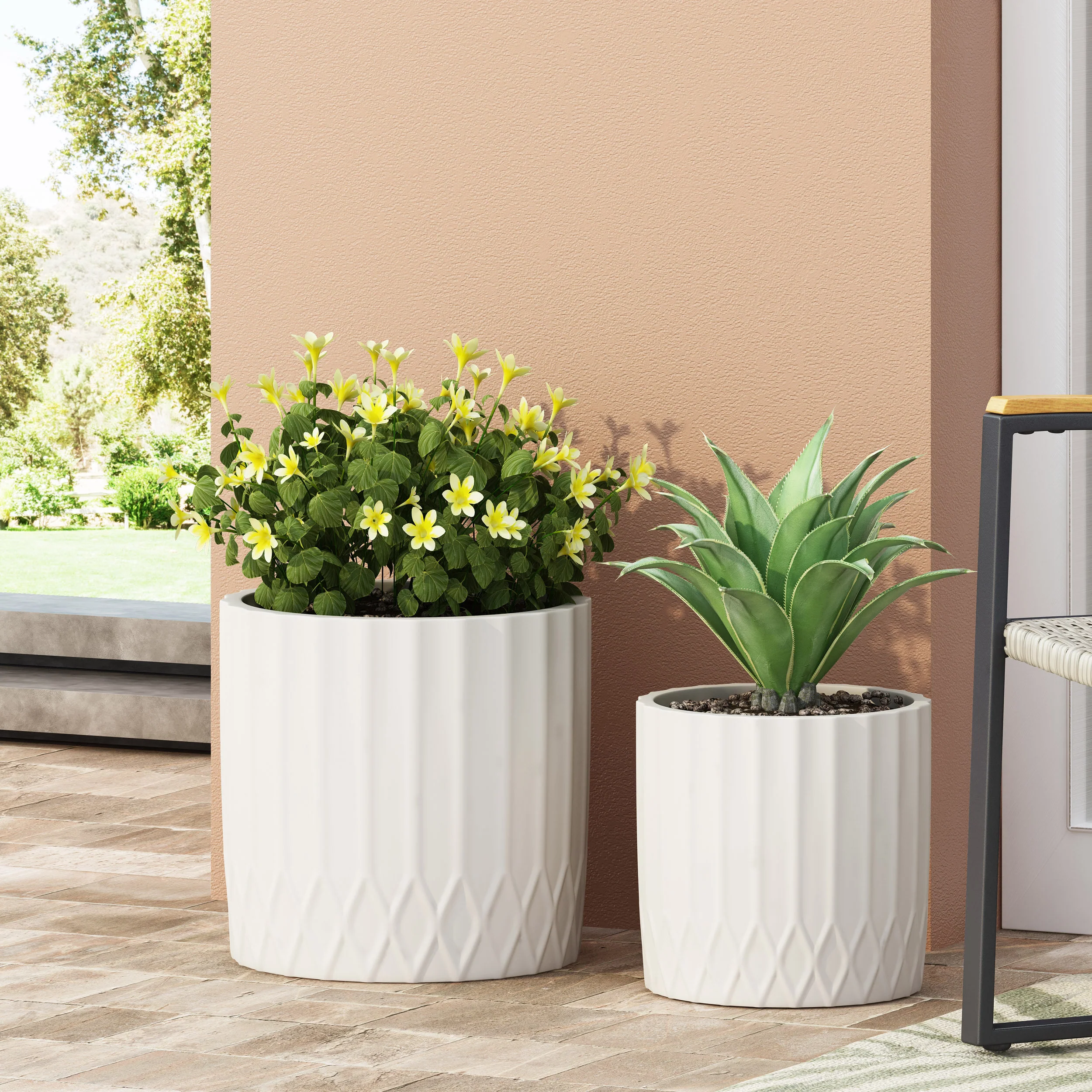 Morelos Outdoor Medium and Large Cast Stone Planter Set, Antique White - furnishings