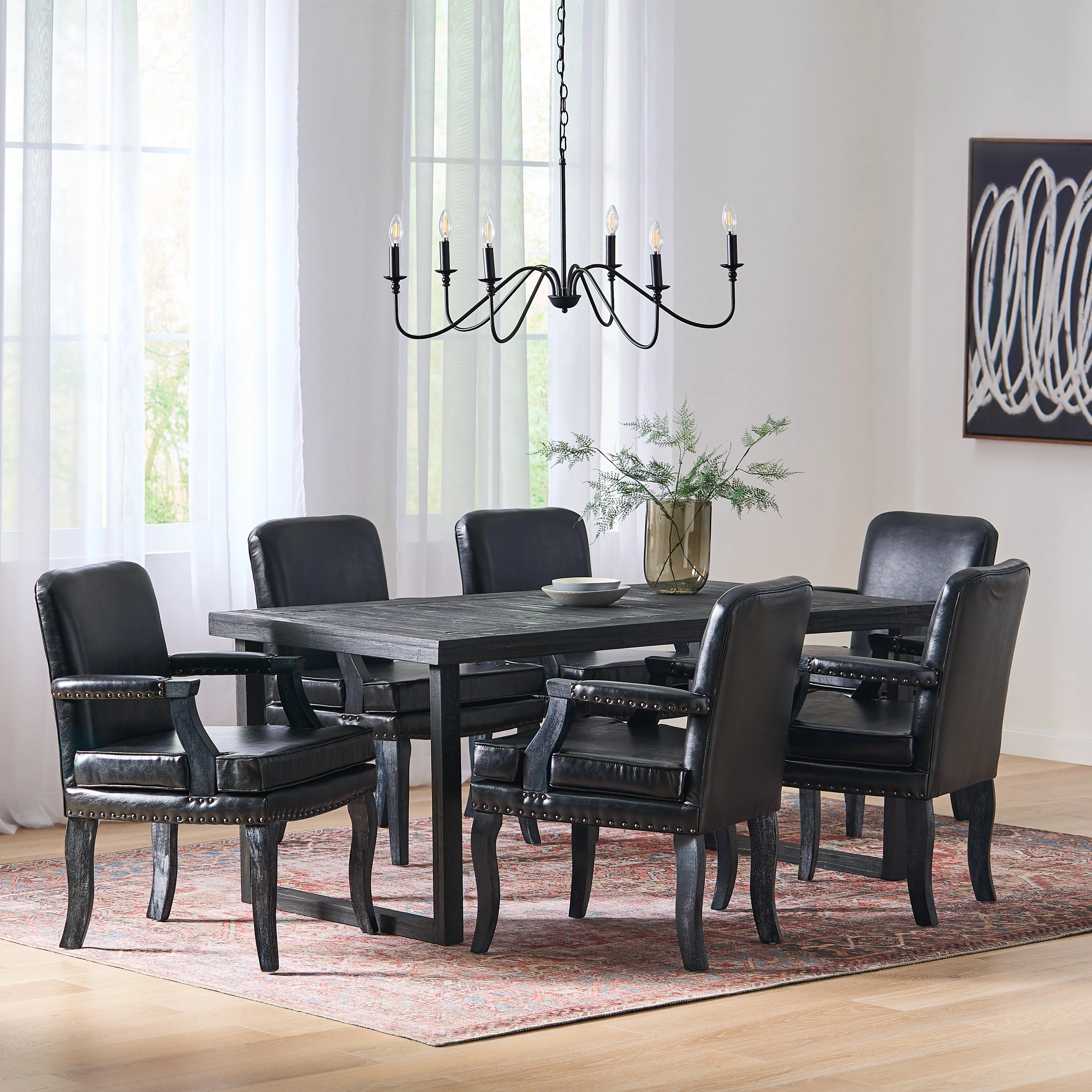 Tim French Country Faux Leather Dining Arm Chair with Nailhead Trim, Set of 6 - furnishings