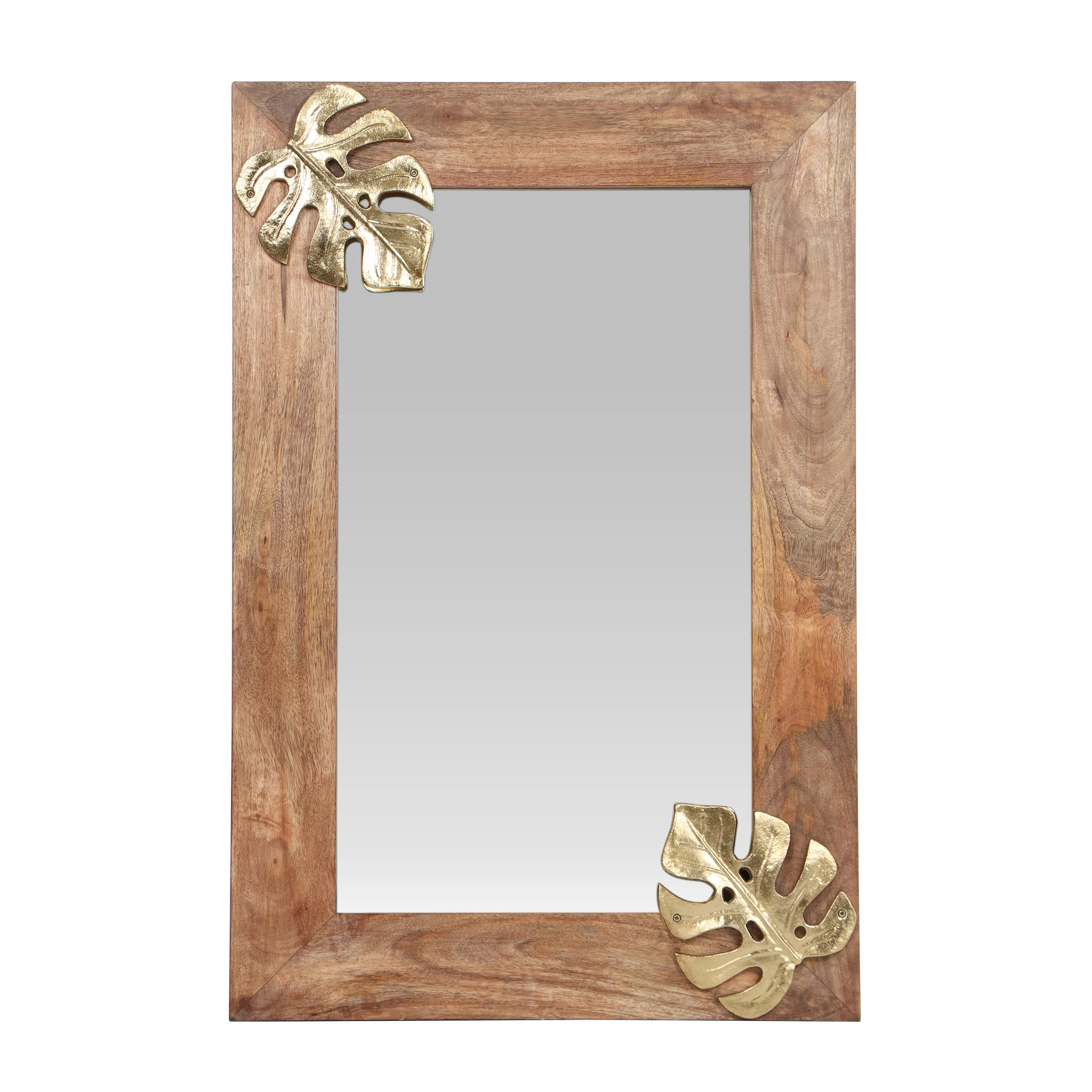 Greenler Boho Handcrafted Rectangular Mango Wood Wall Mirror, Natural and Antique Gold - furnishings