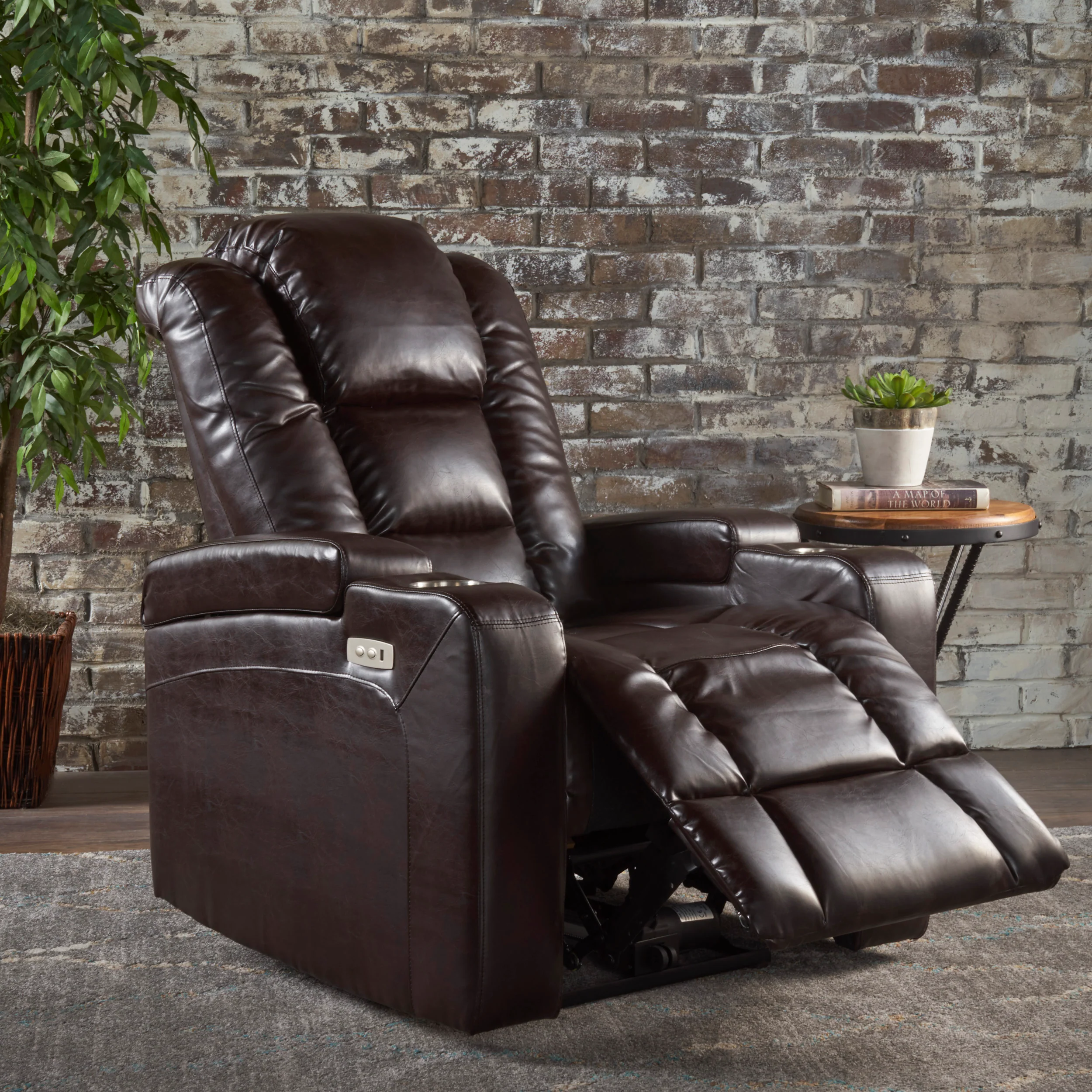 Everette Brown Leather Power Recliner With Storage, Cup Holder, and USB Charger - furnishings