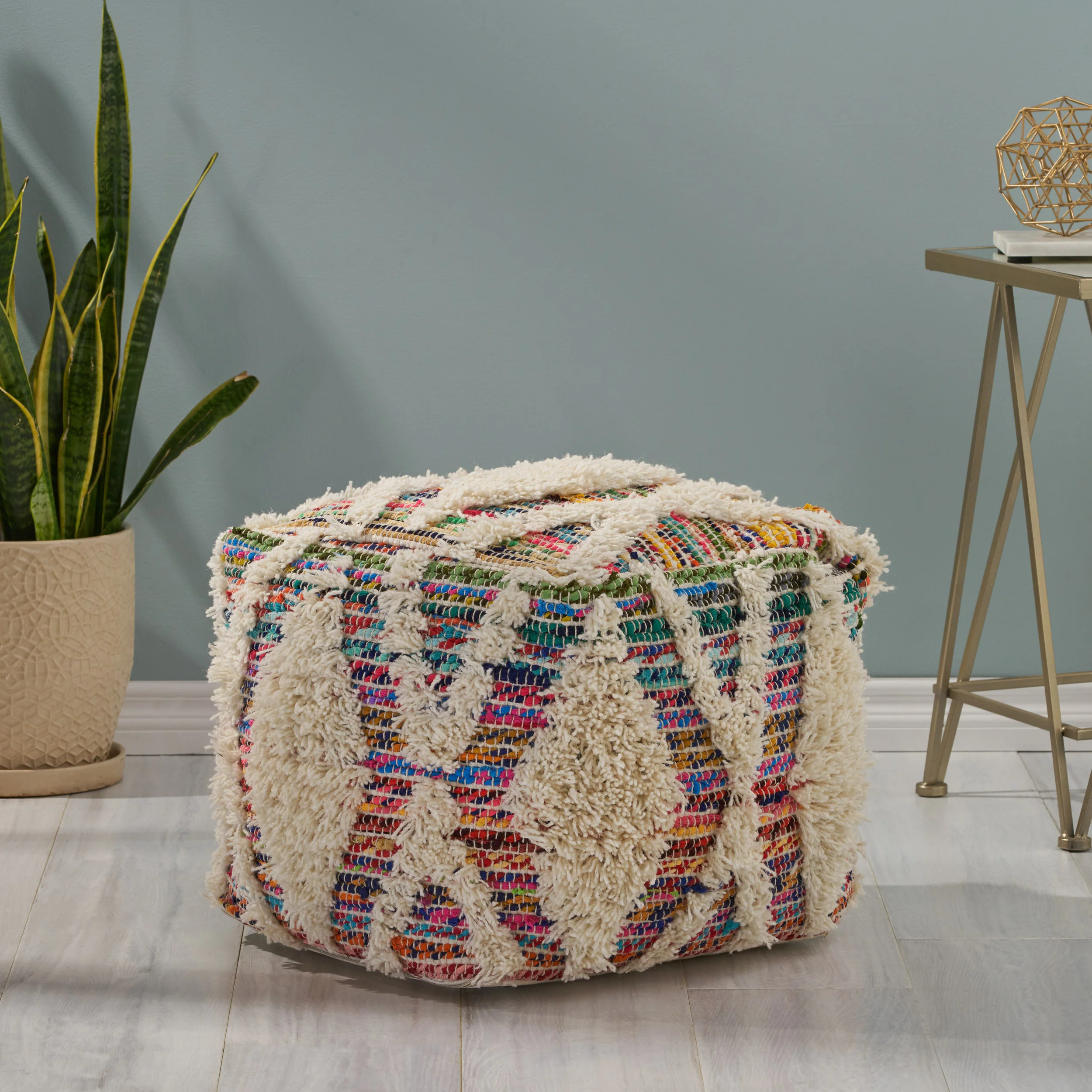 Etoney Boho Wool and Chindi Pouf - furnishings