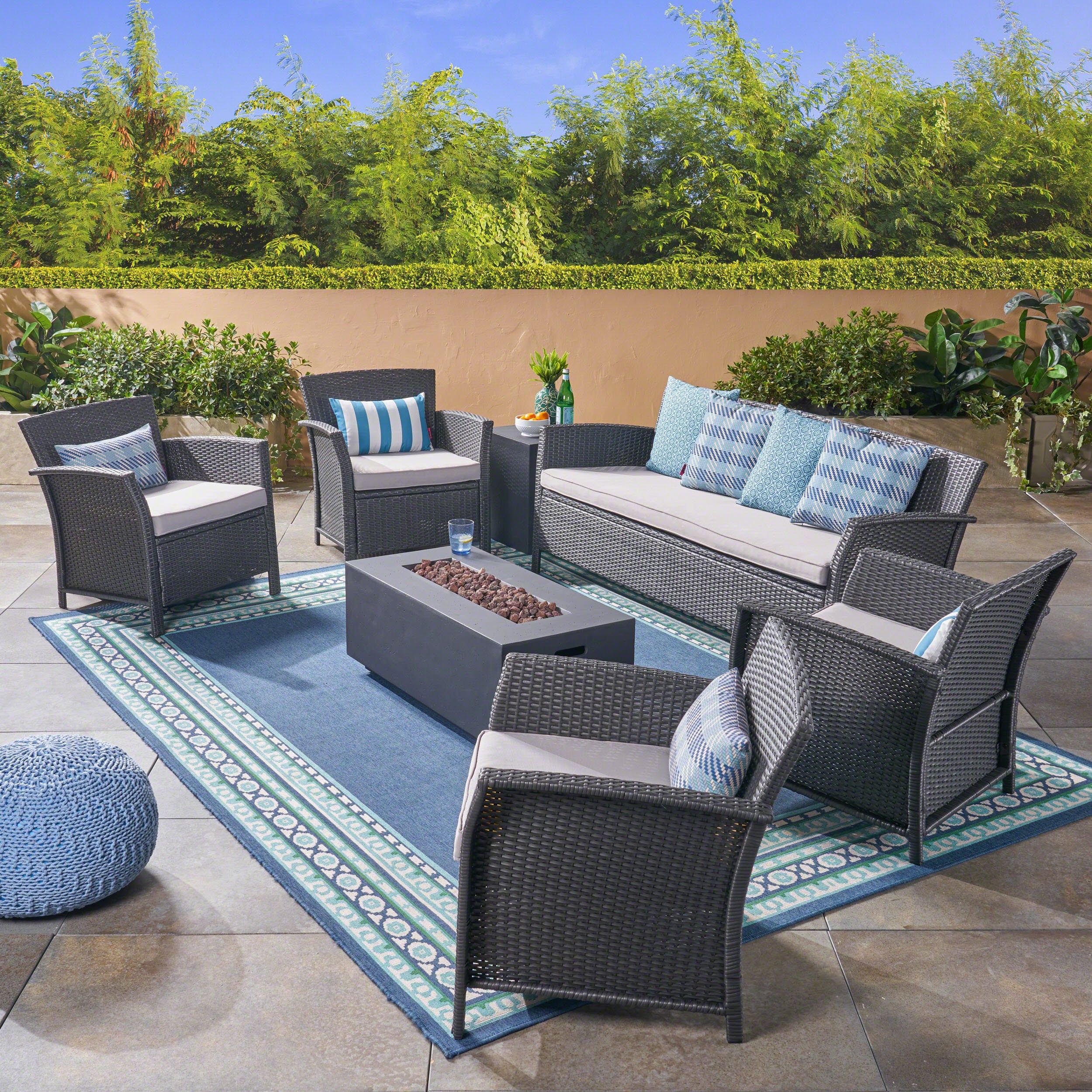 Mason Outdoor 7 Seater Wicker Chat Set with Fire Pit, Gray and Dark Gray - furnishings
