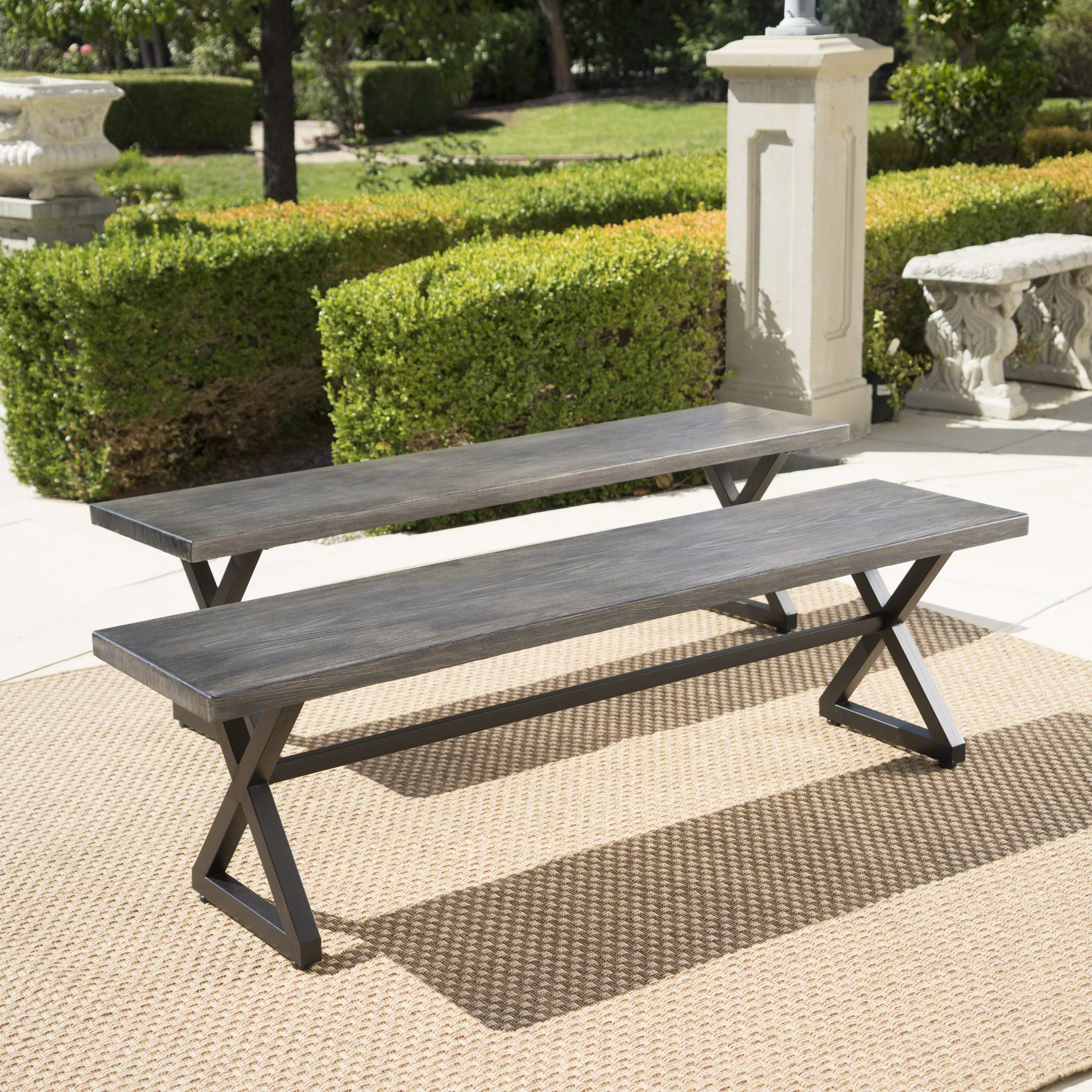 Rosarito Outdoor Aluminum Dining Bench with Black Steel Frame (Set of 2) - furnishings