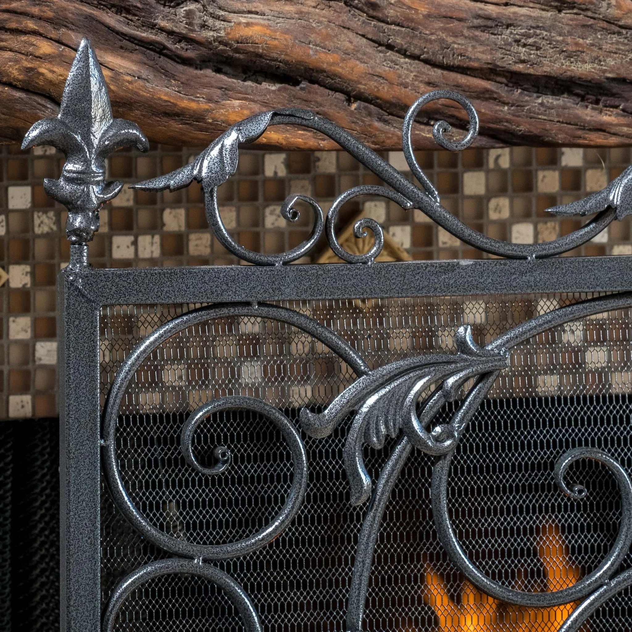 Darcie Black Brushed Silver Finish Wrought Iron Fireplace Screen - furnishings