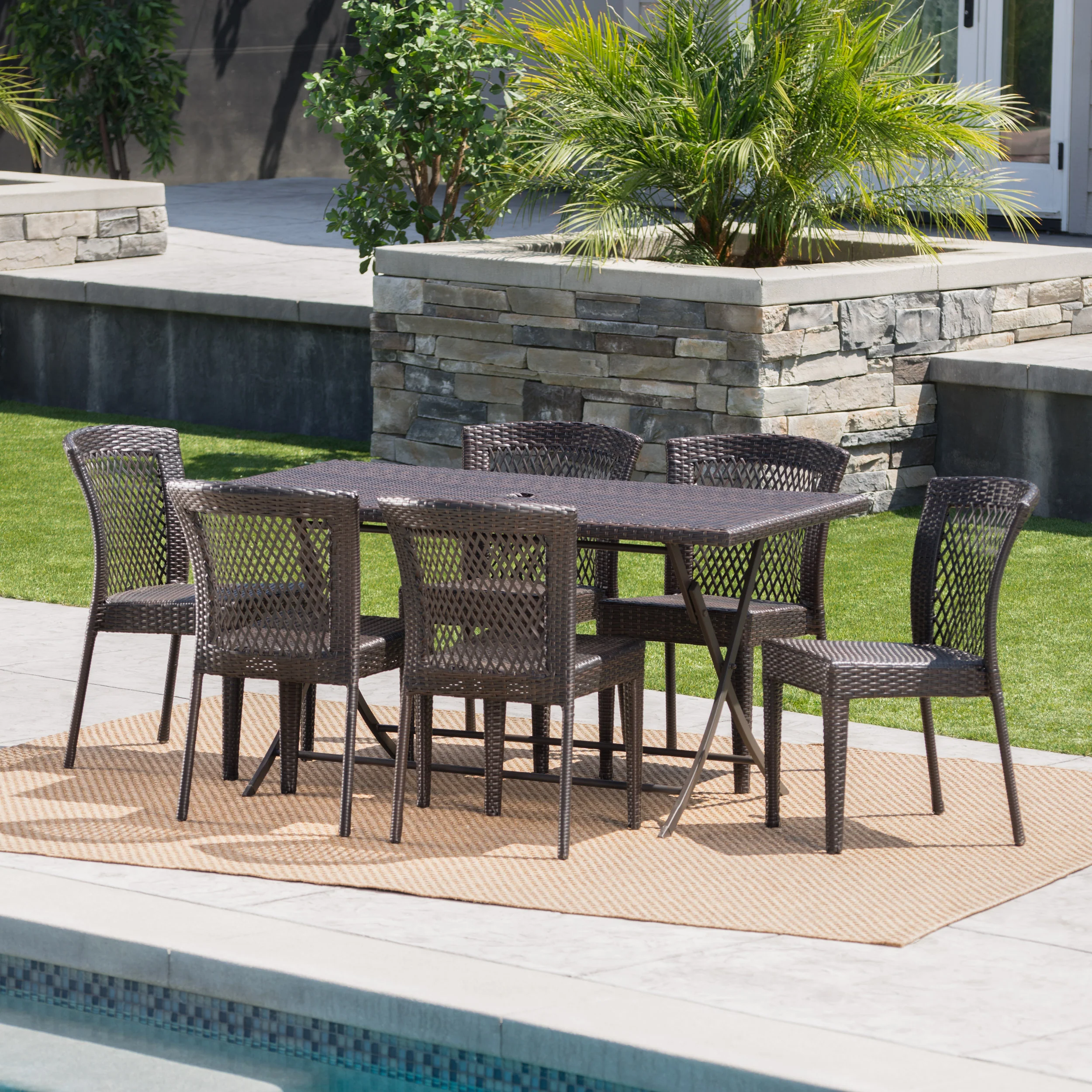 Paulina Outdoor 7 Piece Multi-brown Wicker Dining Set - furnishings