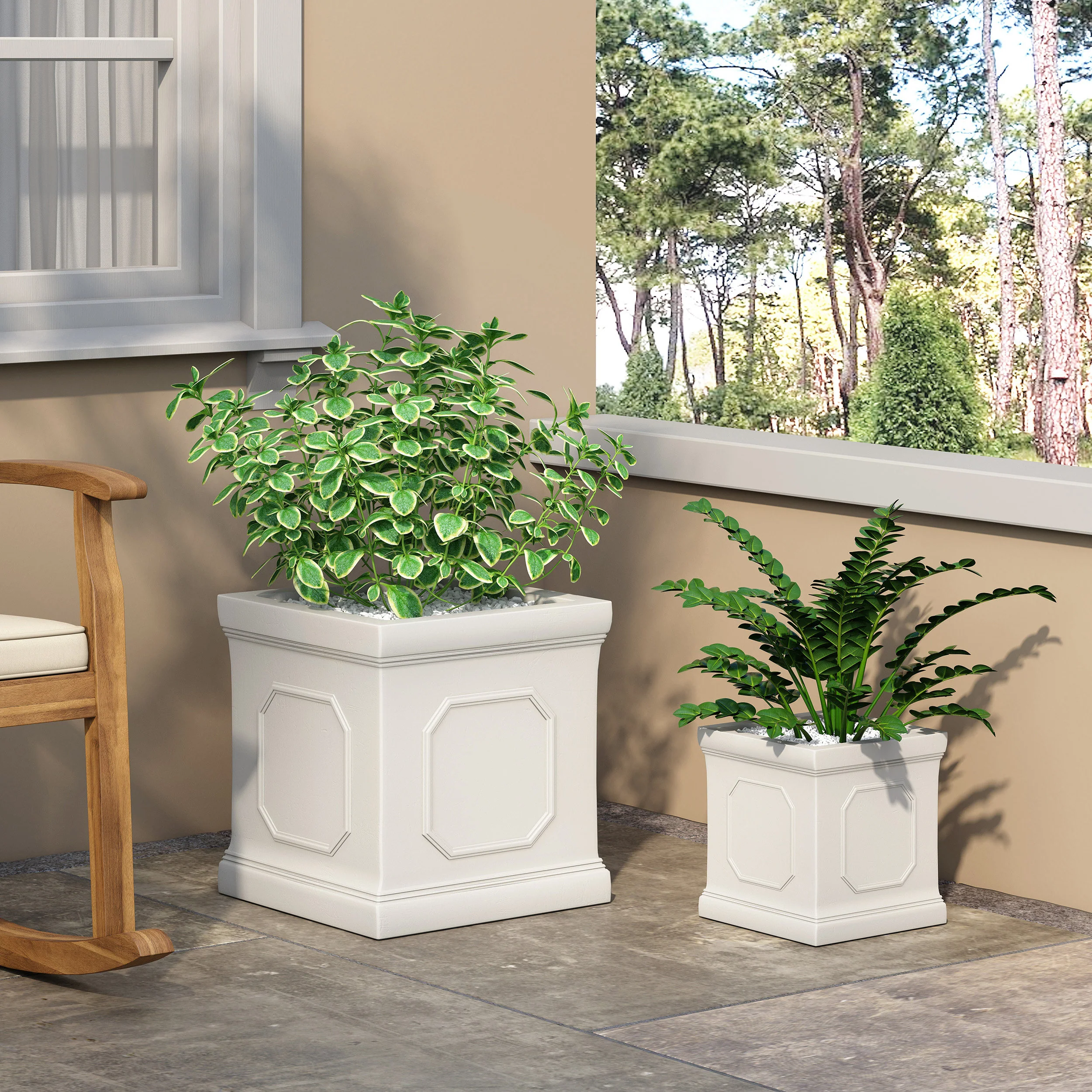 Greg Outdoor Small and Large Cast Stone Planter Set, Antique White - furnishings