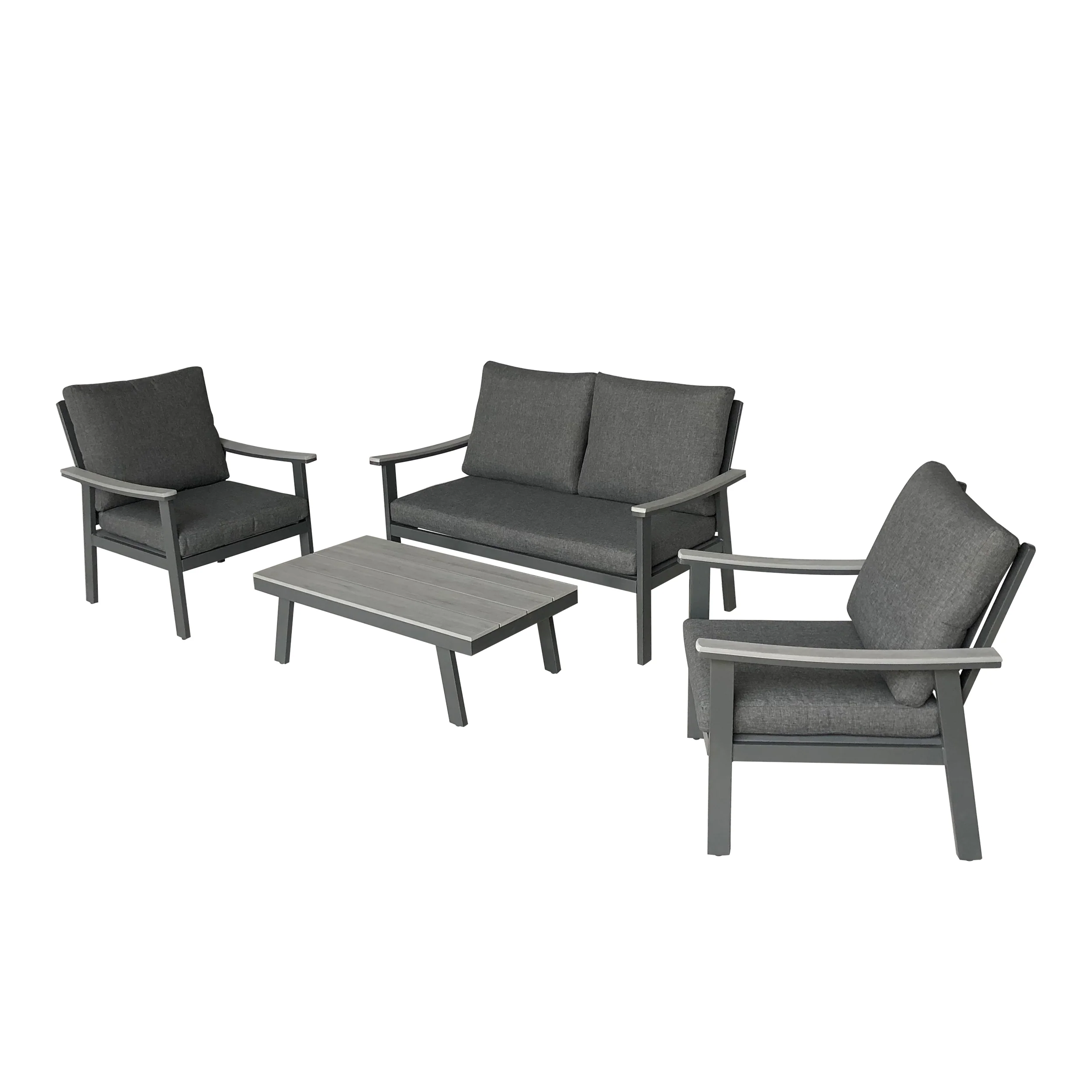 Mathias Outdoor 4 Piece Aluminum and Faux Wood Chat Set with Cushions - furnishings
