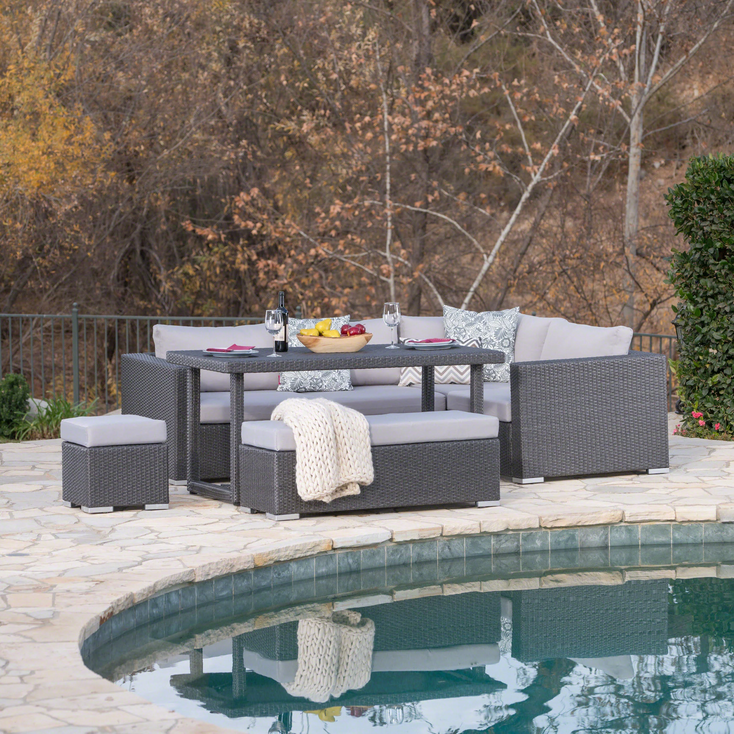 Santa Maria Outdoor 7 Seat Dining Sofa Set with Aluminum Frame and Water Resistant Cushions - furnishings