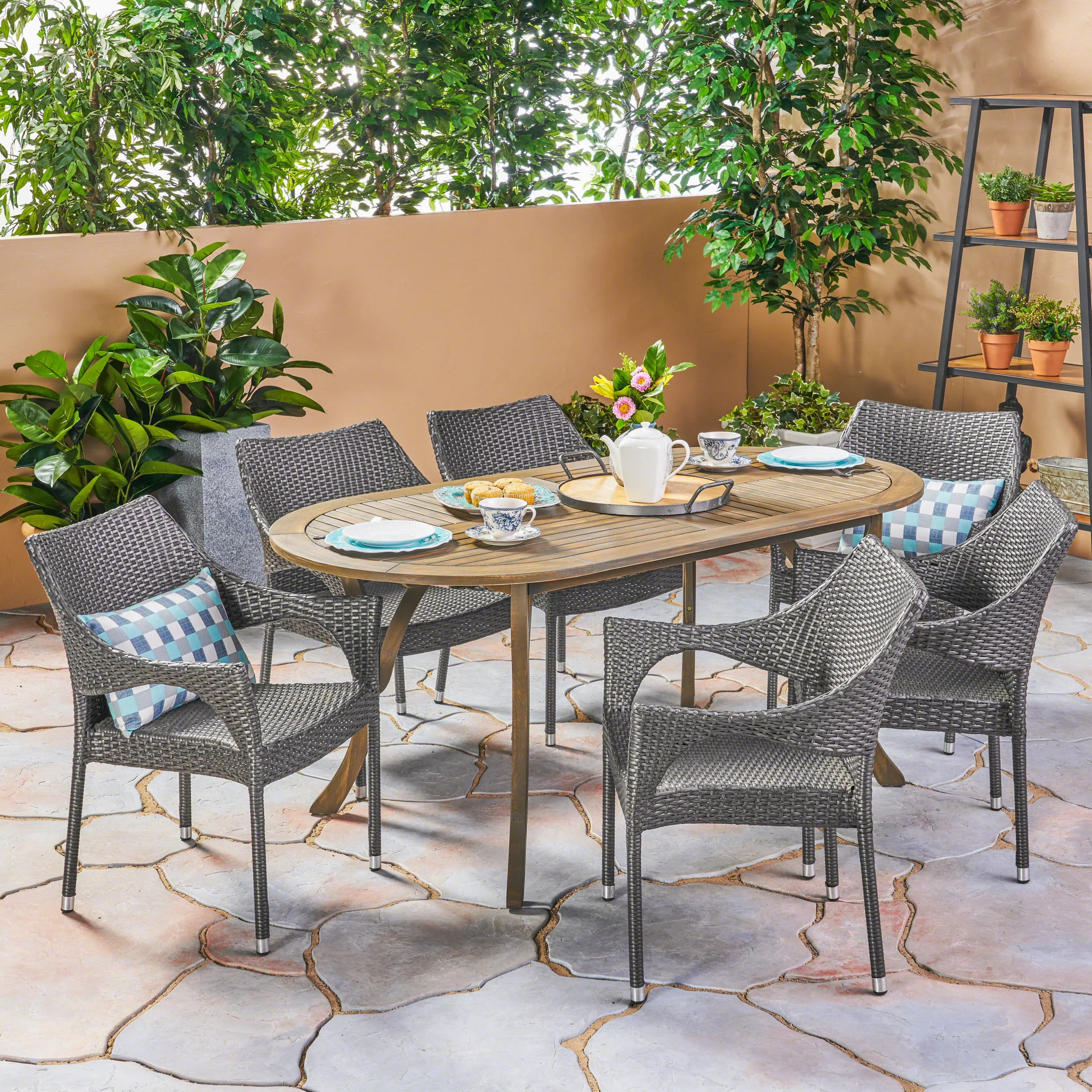 Harris Outdoor 7 Piece Wood and Wicker Dining Set, Gray Finish and Gray - furnishings
