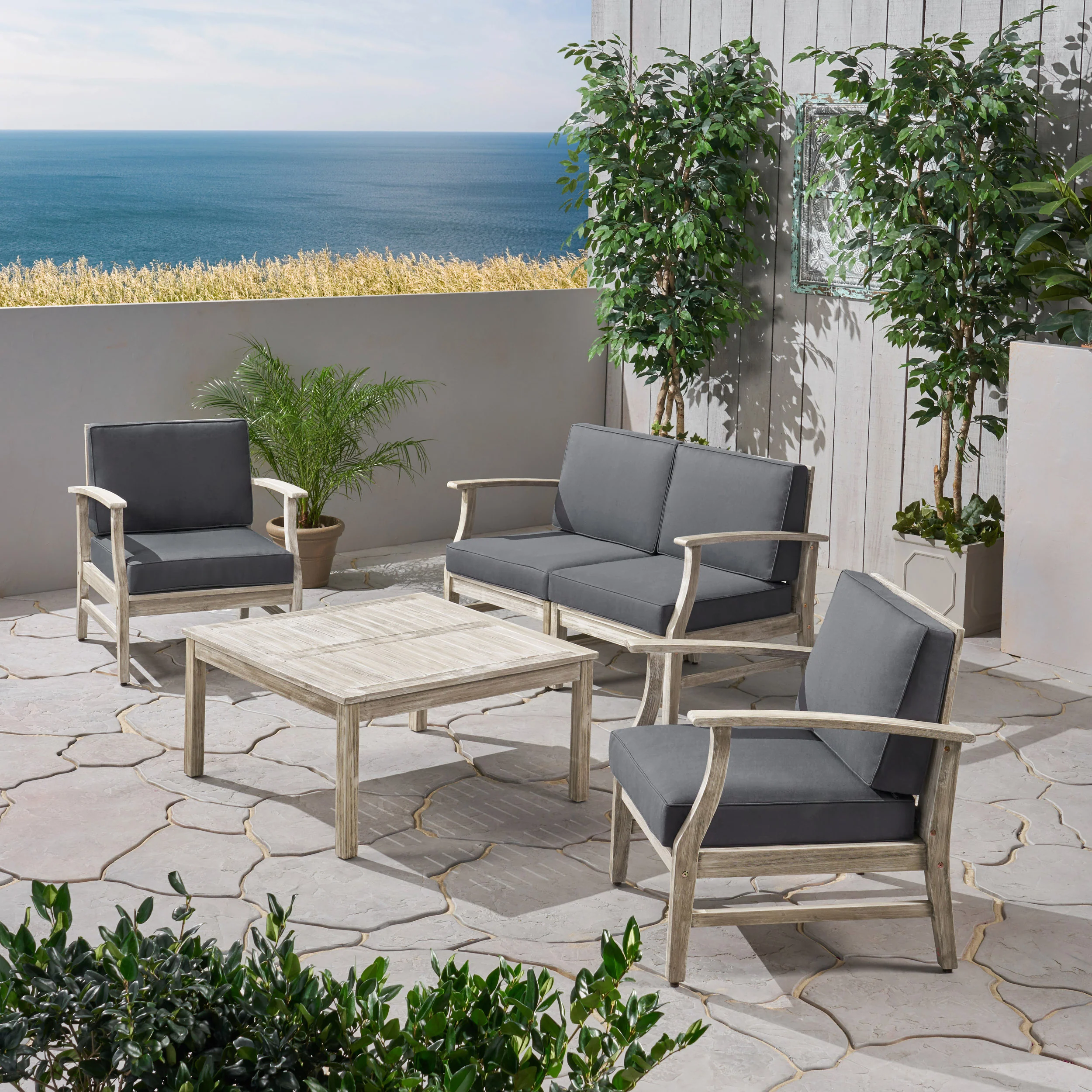 Lorelei Outdoor 5 Piece Acacia Wood Chat Set - furnishings