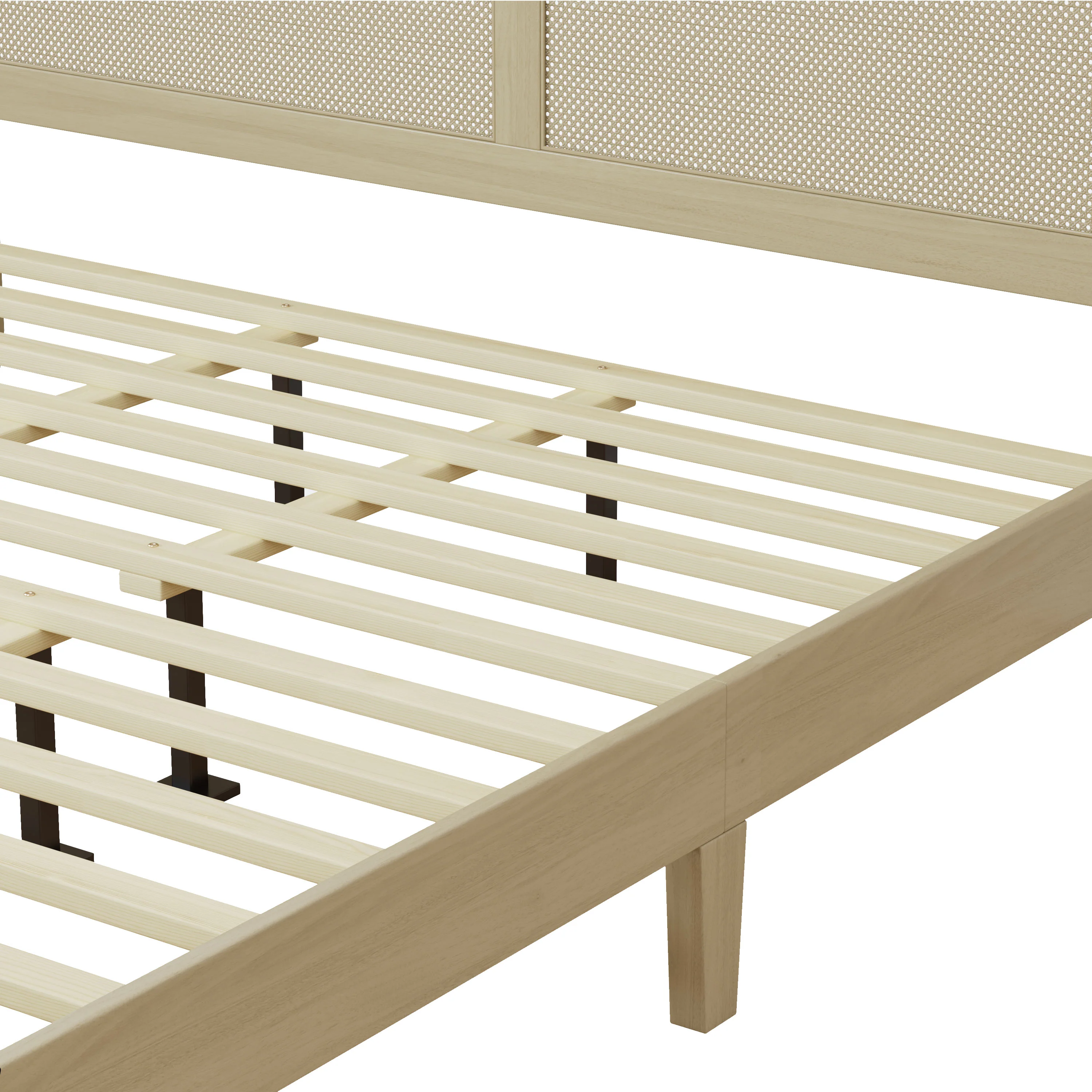Linenwood Eudoca Rubber Wood Platform Bed with Rattan Woven Headboard, Natural - furnishings