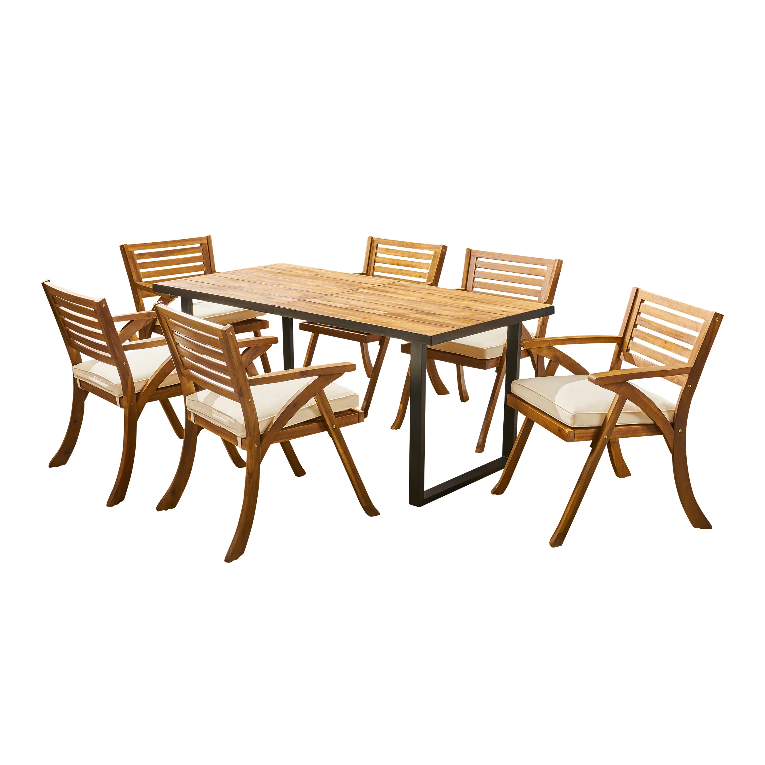 Daisy Outdoor 6-Seater Rectangular Acacia Wood and Iron Dining Set, Teak with Black and Cream - furnishings