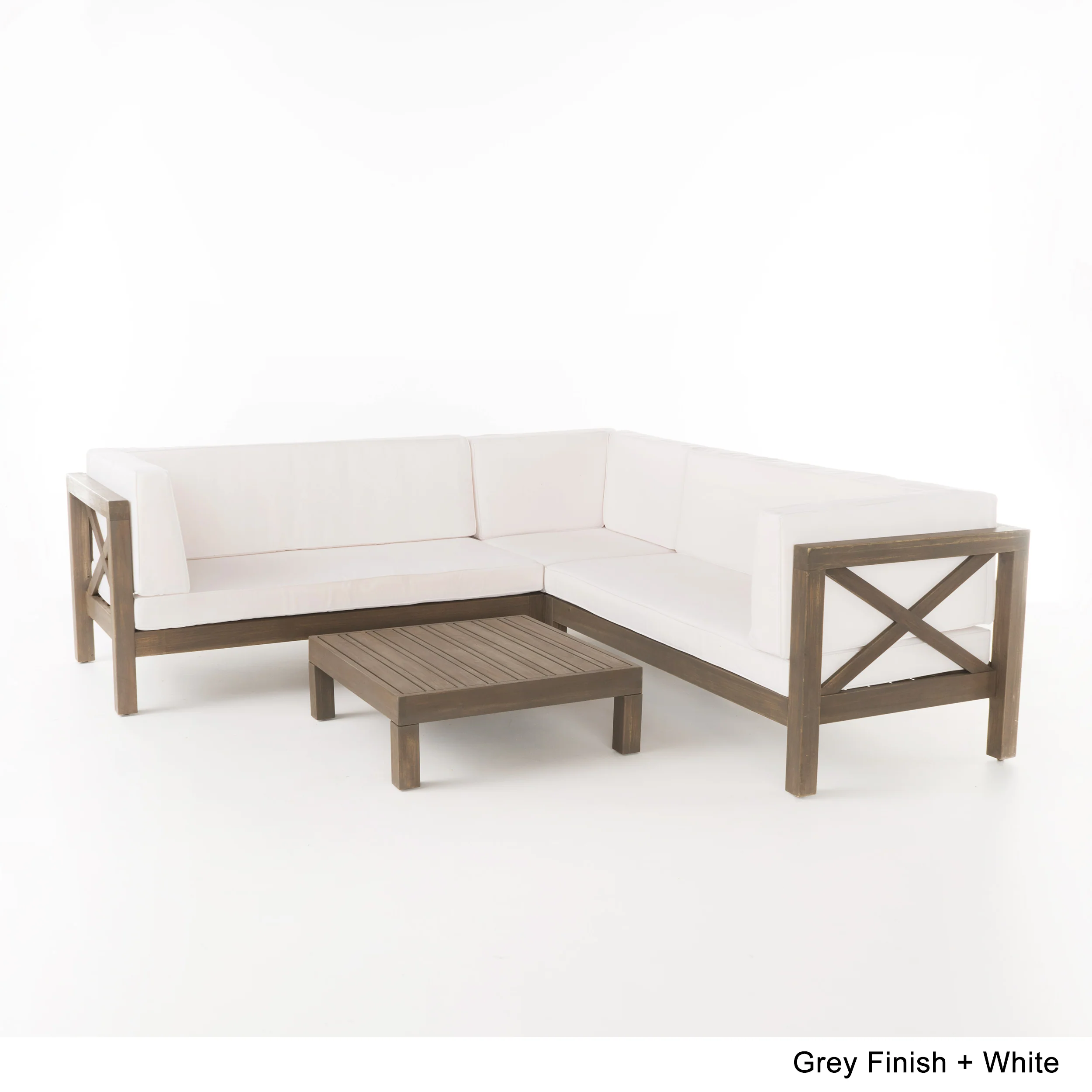 Brava Outdoor 4 Piece V-Shaped Acacia Wood Sectional Sofa and Coffee Table Set - furnishings