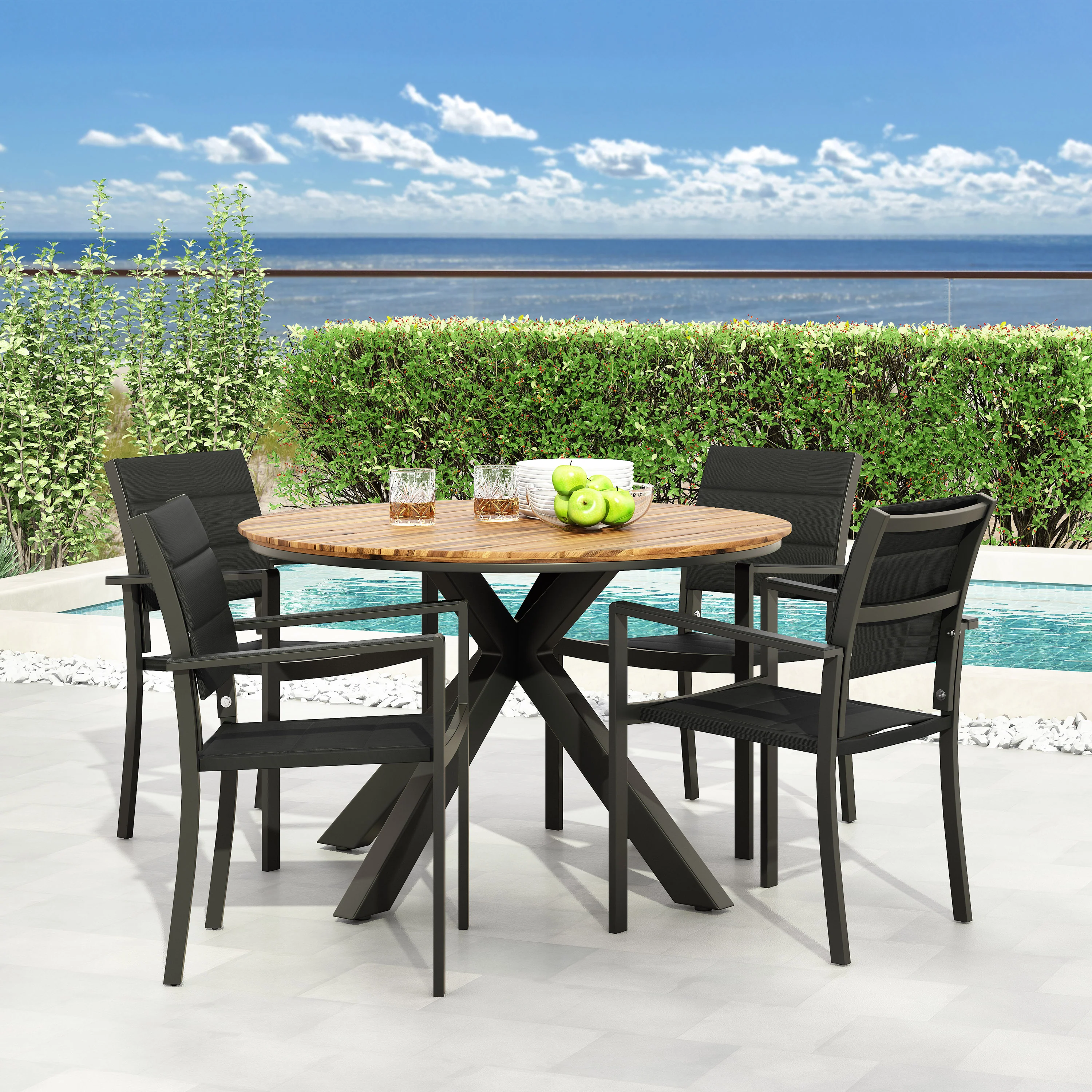Mellie Outdoor Mesh and Acacia Wood 5 Piece Dining Set, Black and Teak - furnishings