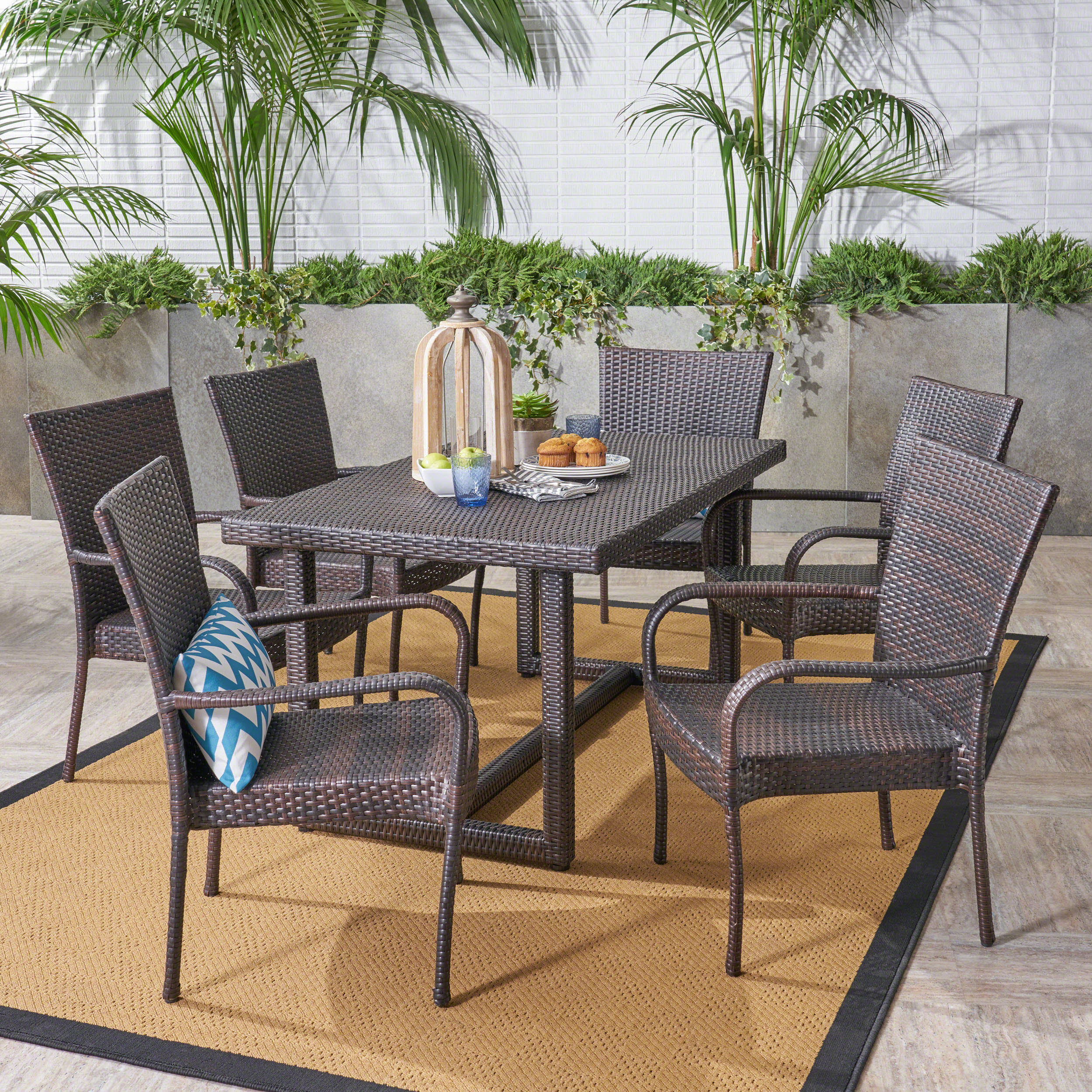 Cain Outdoor Transitional 7-Piece Multi-Brown Wicker Dining Set - furnishings