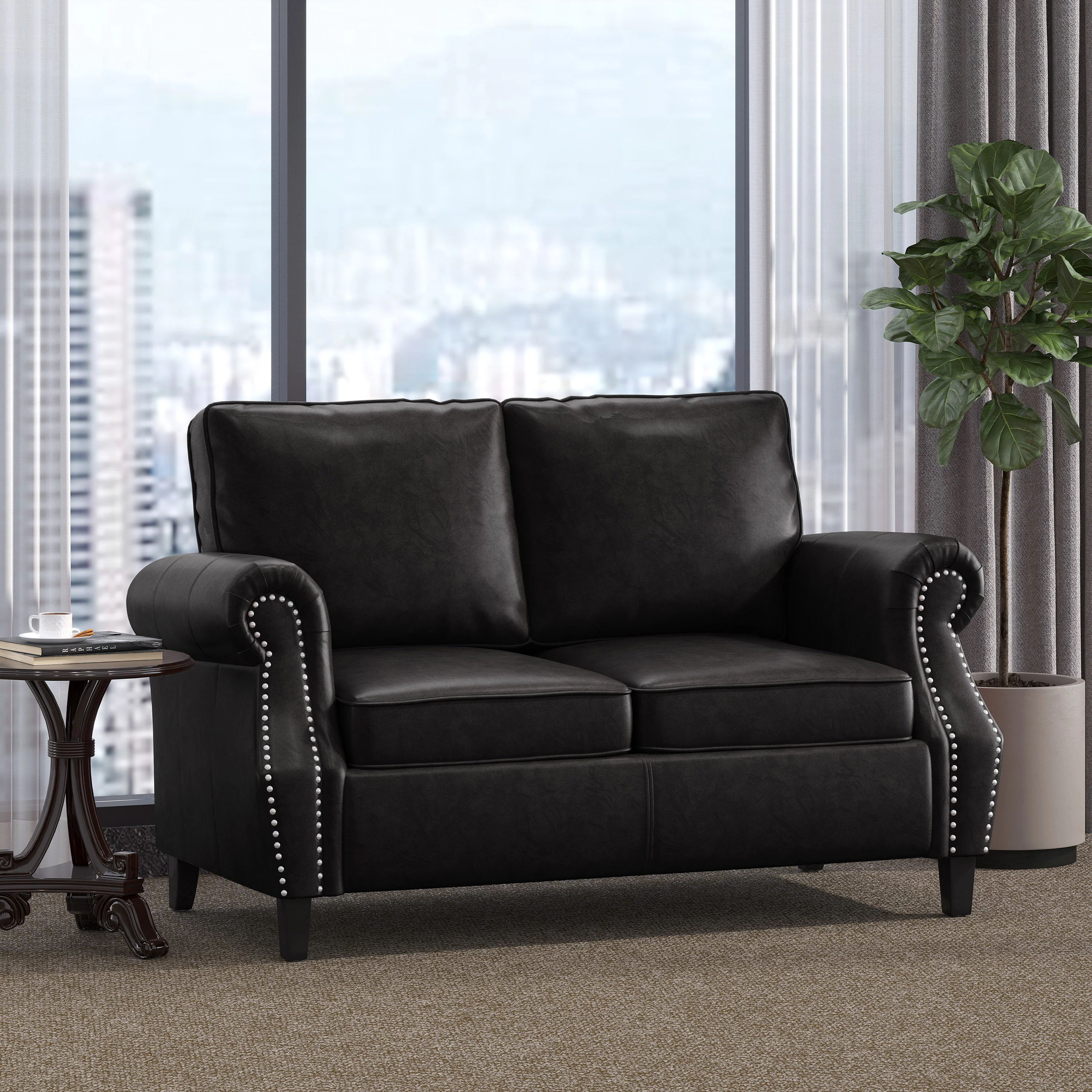 Pochelon Contemporary Faux Leather Loveseat with Nailhead Trim - furnishings