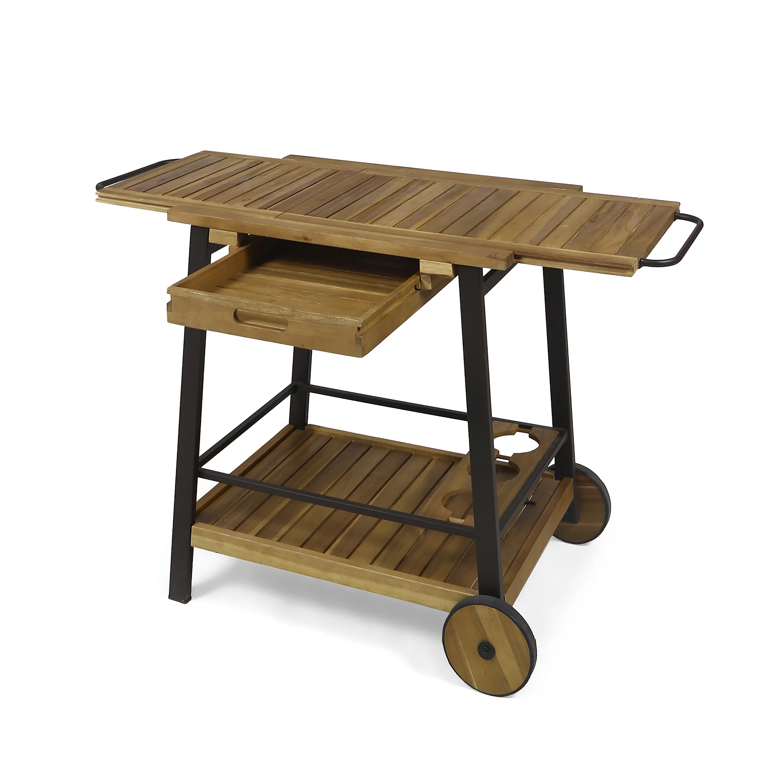 Michaela Indoor Acacia Wood Bar Cart with Reversible Drawers Adjustable Tray Top and Wine Bottle Holders - furnishings