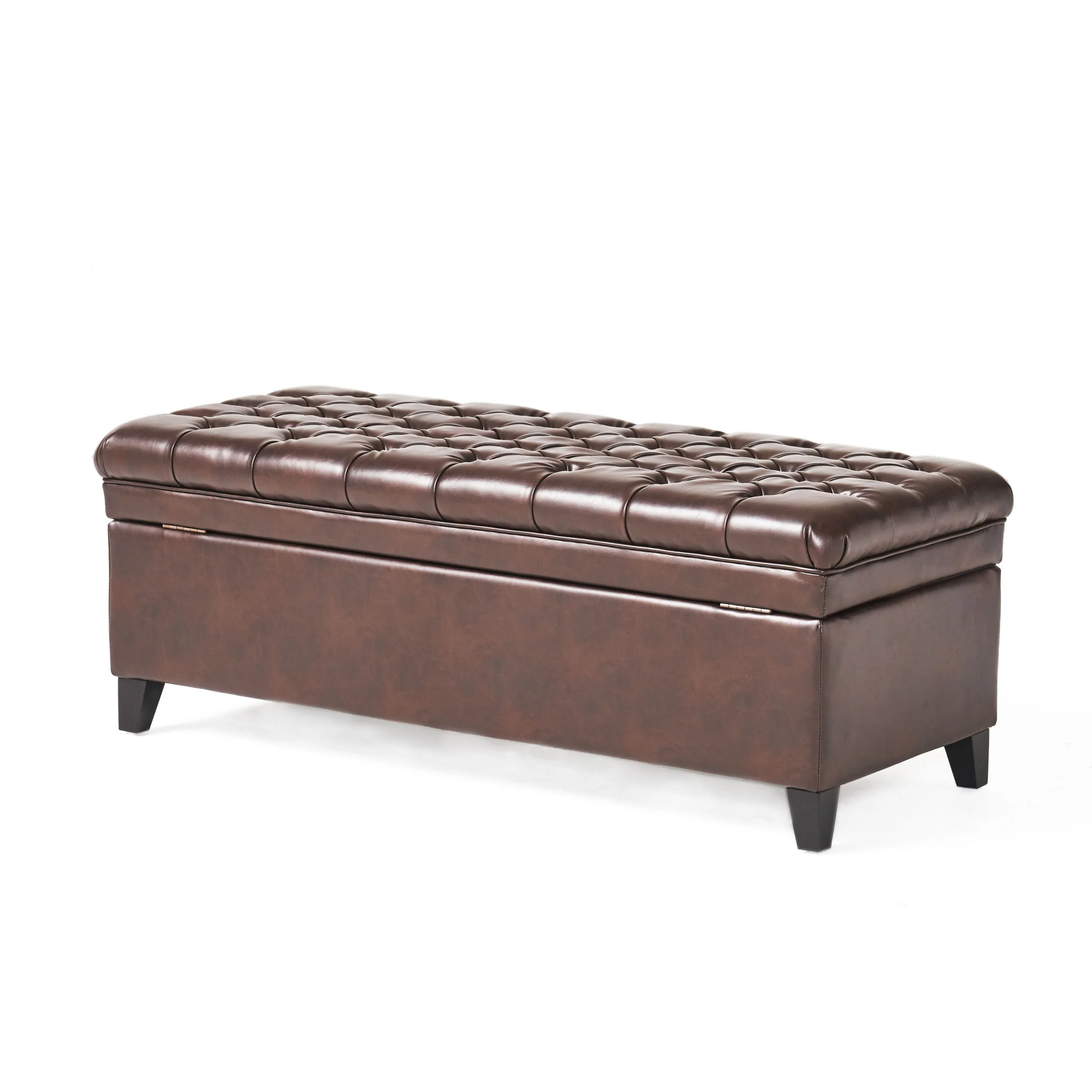 Sheffield Contemporary Button Tufted Brown Faux Leather Storage Ottoman - furnishings