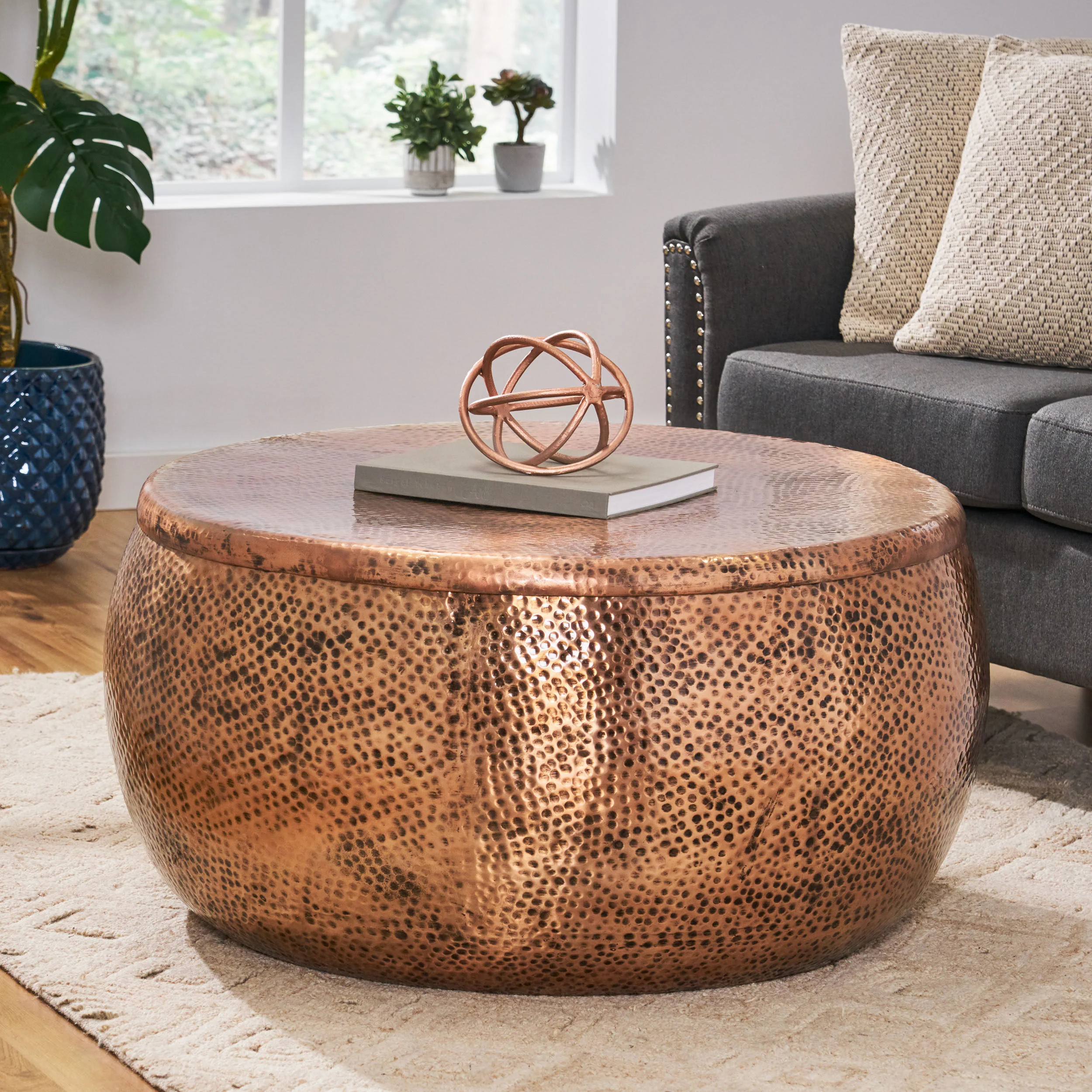 Jessika Modern Round Hammered Aluminum Storage Coffee Table - furnishings