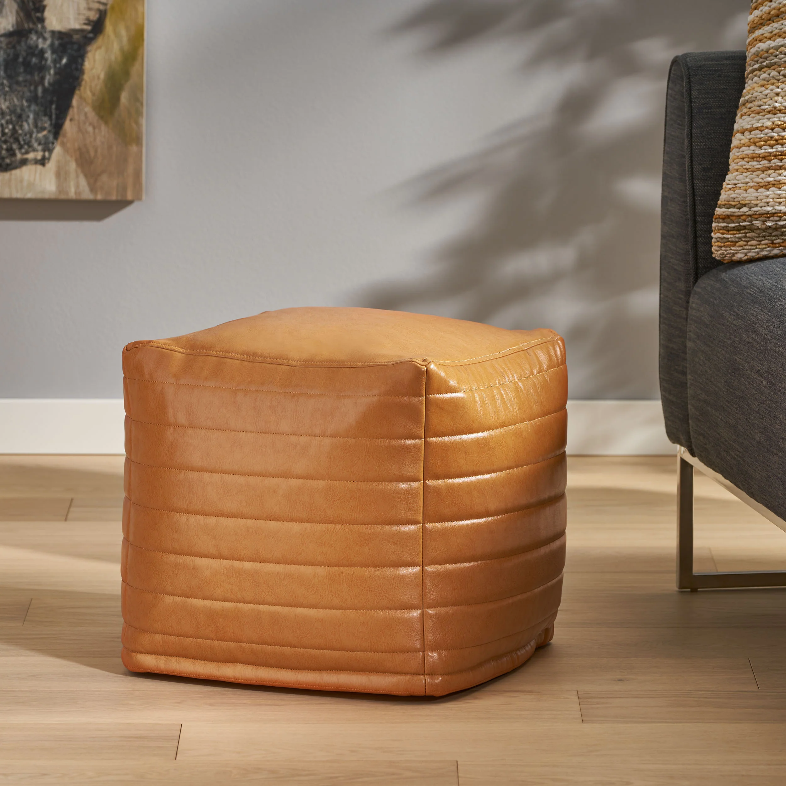 Conrail Contemporary Faux Leather Channel Stitch Pouf - furnishings