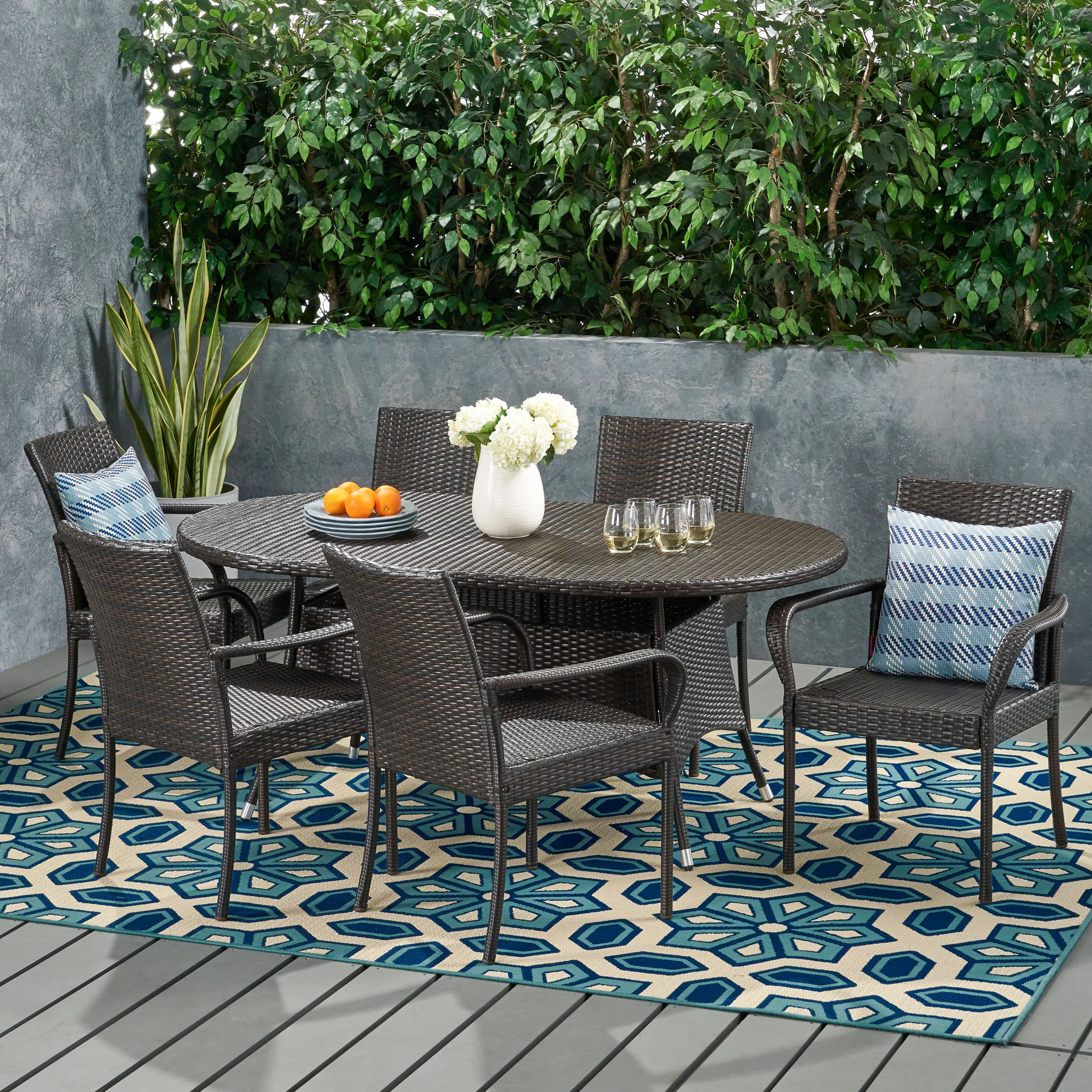 Enzlee Outdoor Contemporary 6 Seater Wicker Dining Set - furnishings