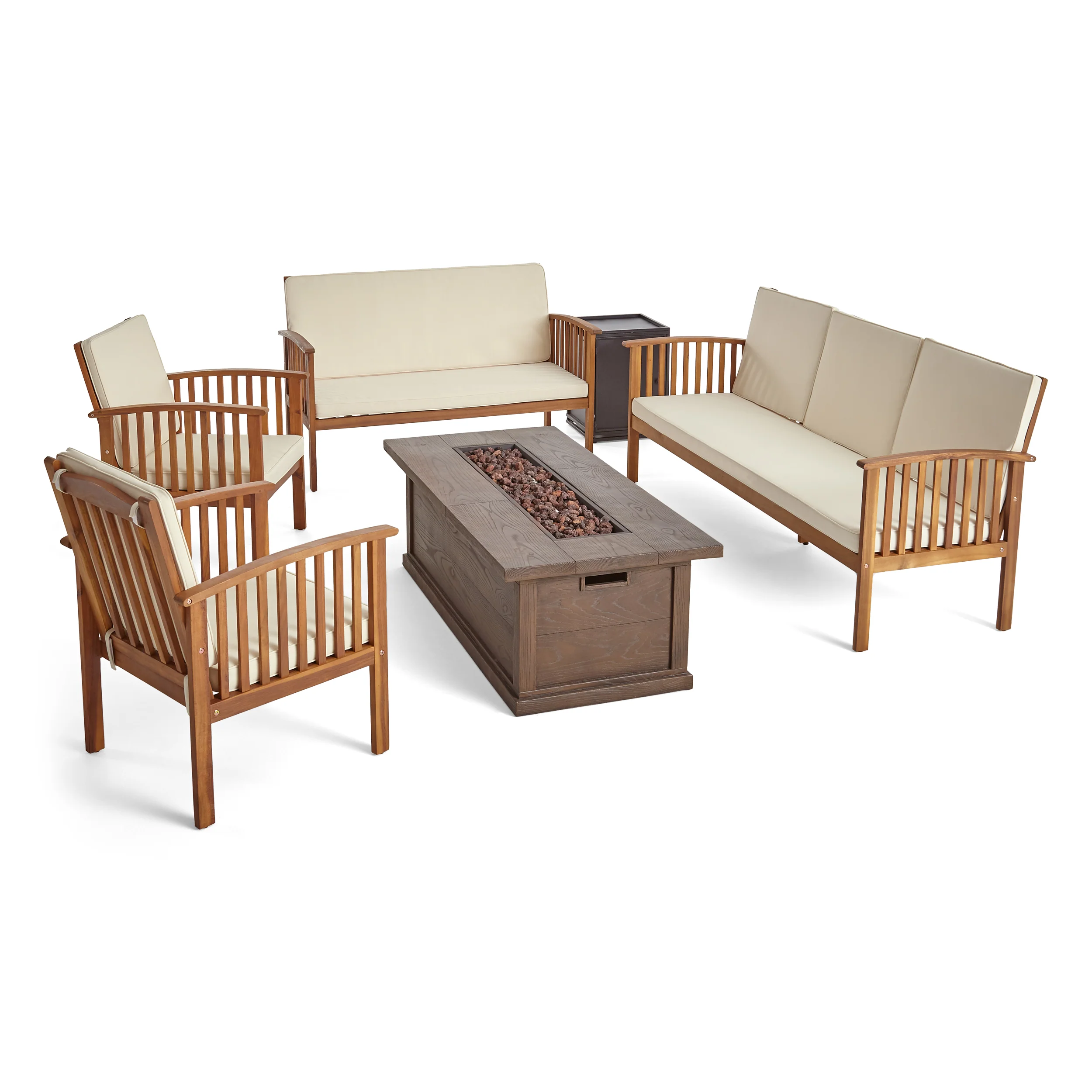 Jean Outdoor 6 Piece Acacia Wood Sofa and Loveseat Conversational Set with Fire Pit - furnishings